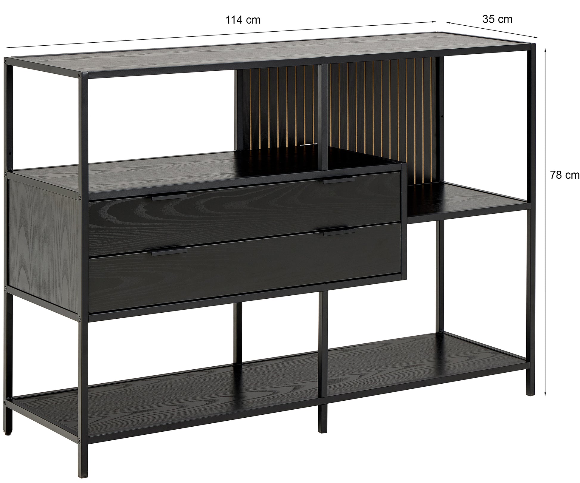 Regał Seaford 114 cm niski czarny z dwiema szufladami - meble do salonu