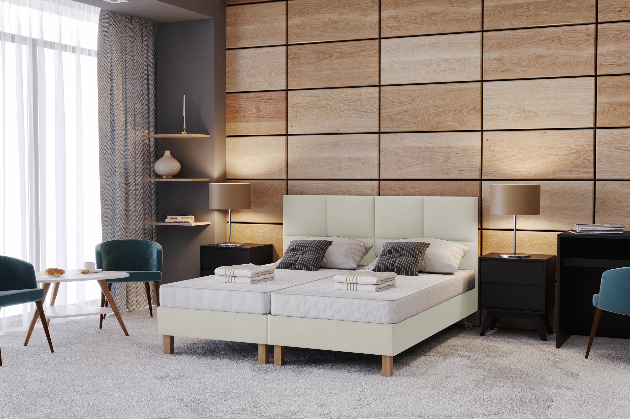 Łóżko tapicerowane Donbay 100x200 cm z wezglowiem panelowym i materacem kieszeniowym kremowe - na nóżkach
