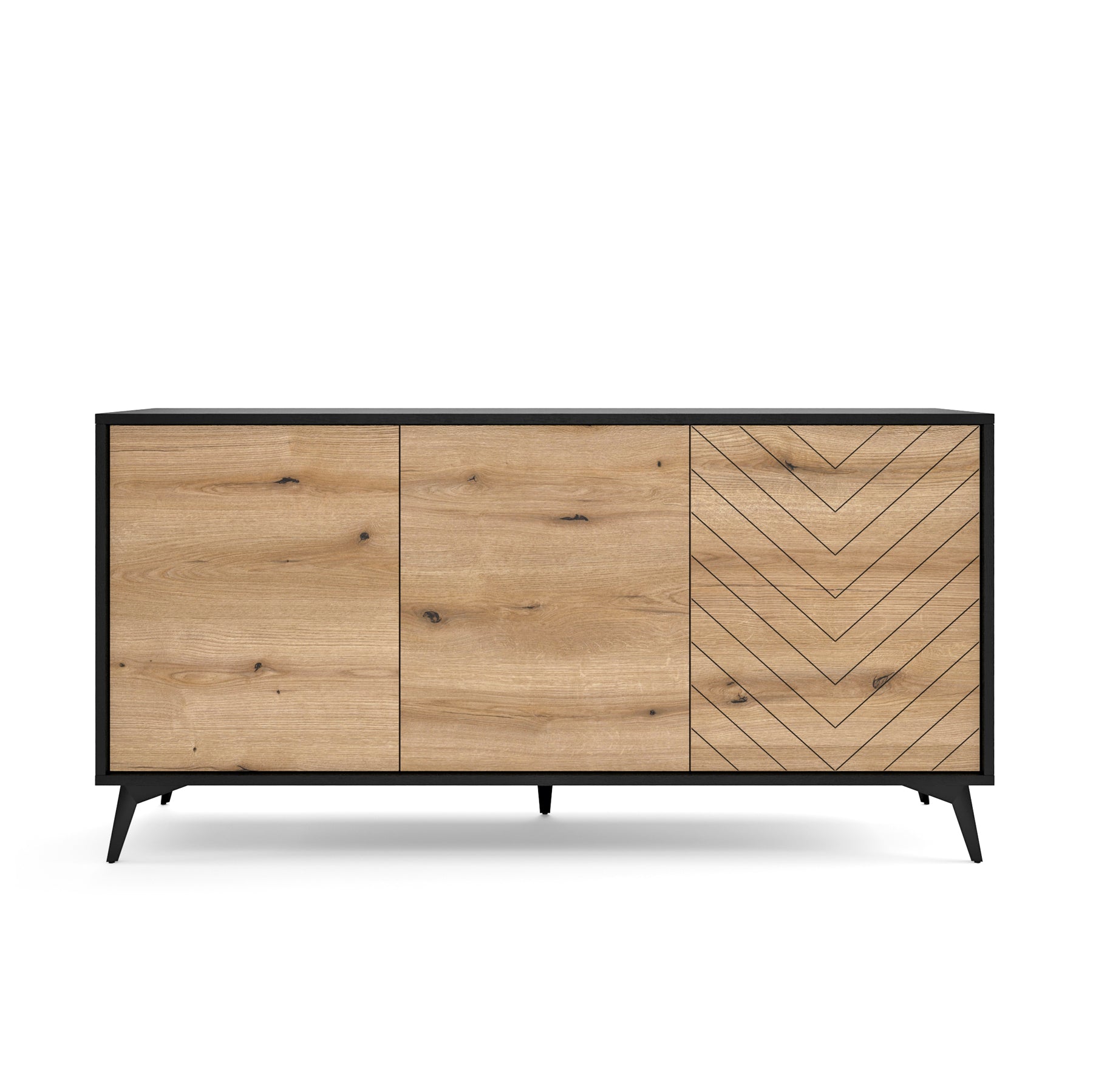 Komoda trzydrzwiowa Boulia 154 cm czarna/dąb Evoke jodełka