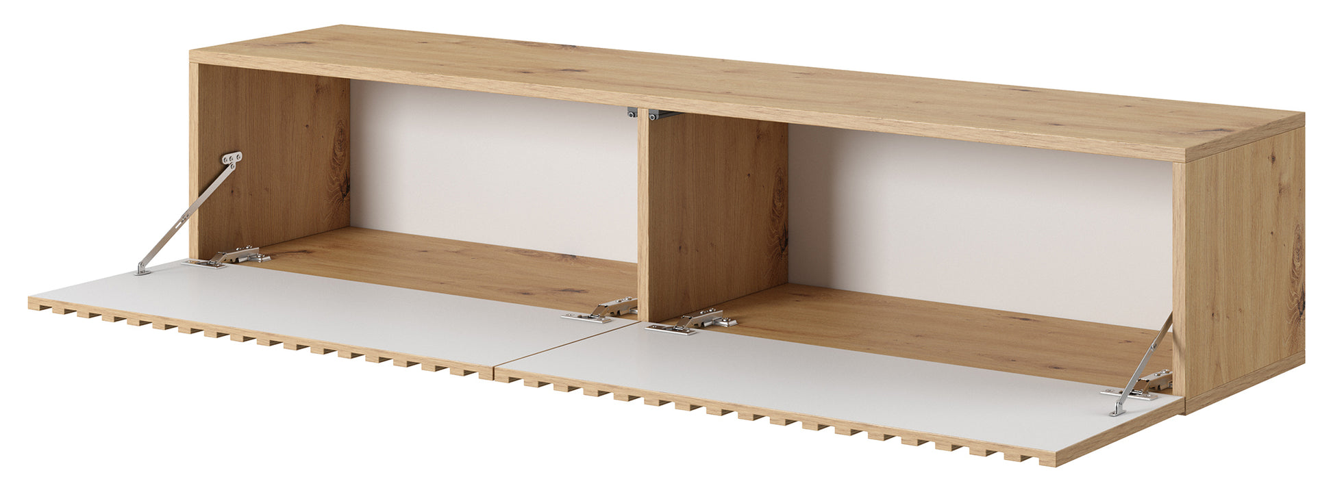 Szafka RTV Telire 138,6 cm dąb artisan z lamelowym frontem i czarnymi wstawkami - głębokość 31,6 cm