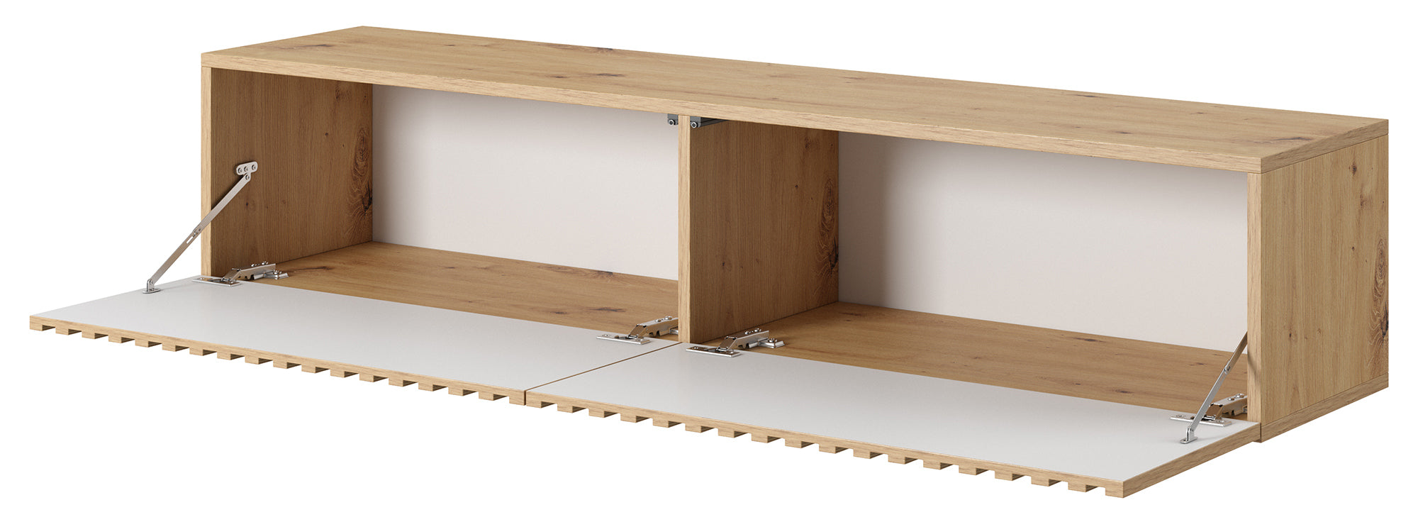 Szafka RTV Telire 138,6 cm dąb artisan z lamelowym frontem i czarnymi wstawkami - głębokość 31,6 cm