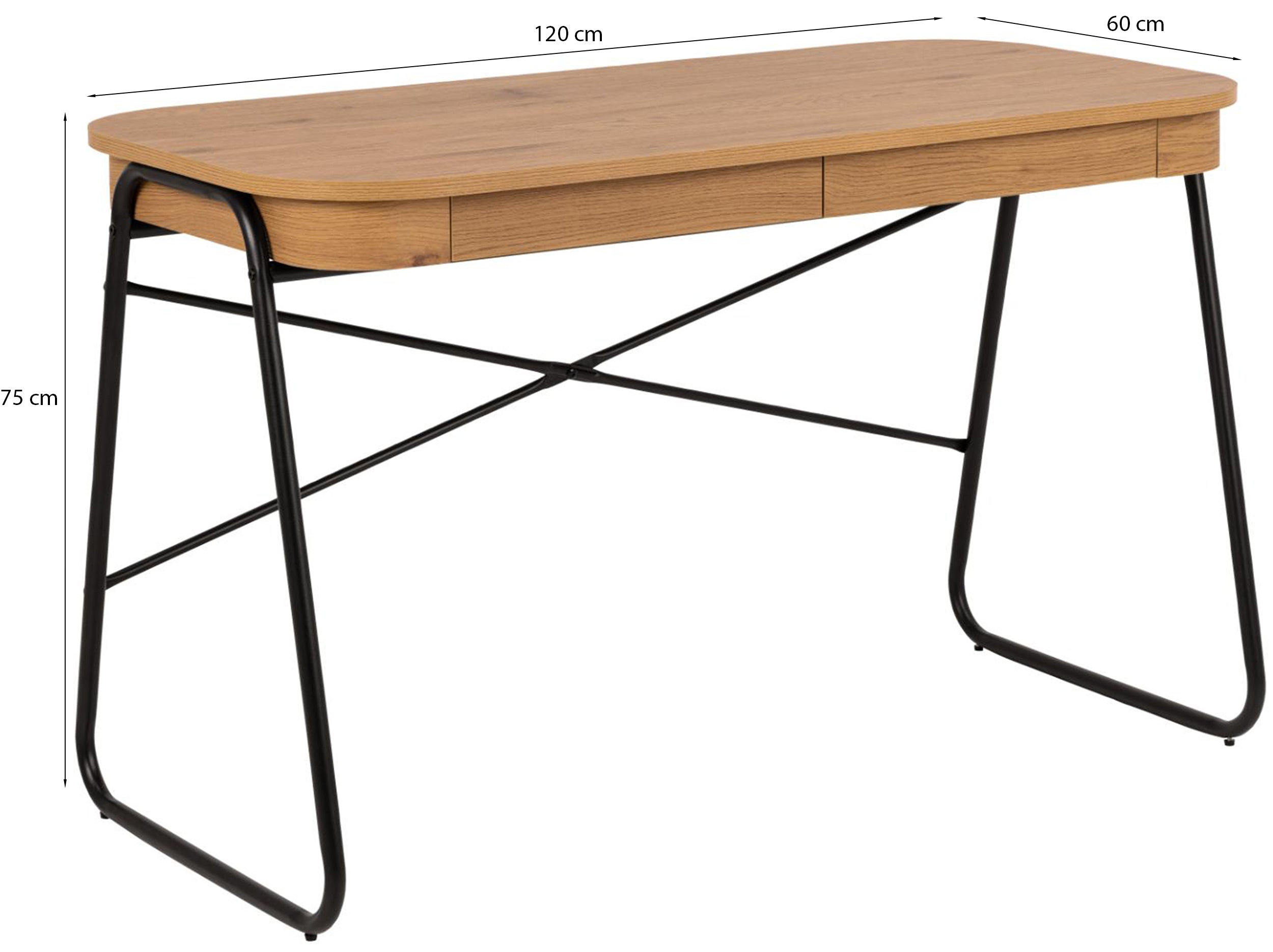 Biurko Lizeno 120x60 cm z dwoma szufladami na czarnej metalowej podstawie naturalny mat - kolor dąb, szerokość 120 cm