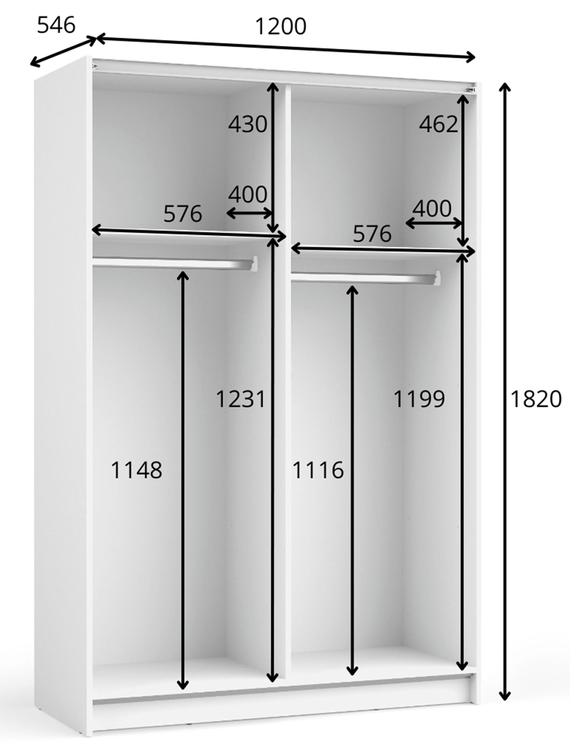 Rysunek wymiarowy - Szafa przesuwna Fiaso z lustrem 120 cm czarna: szerokość 120 cm, głębokość 54,5 cm, wysokość 182 cm