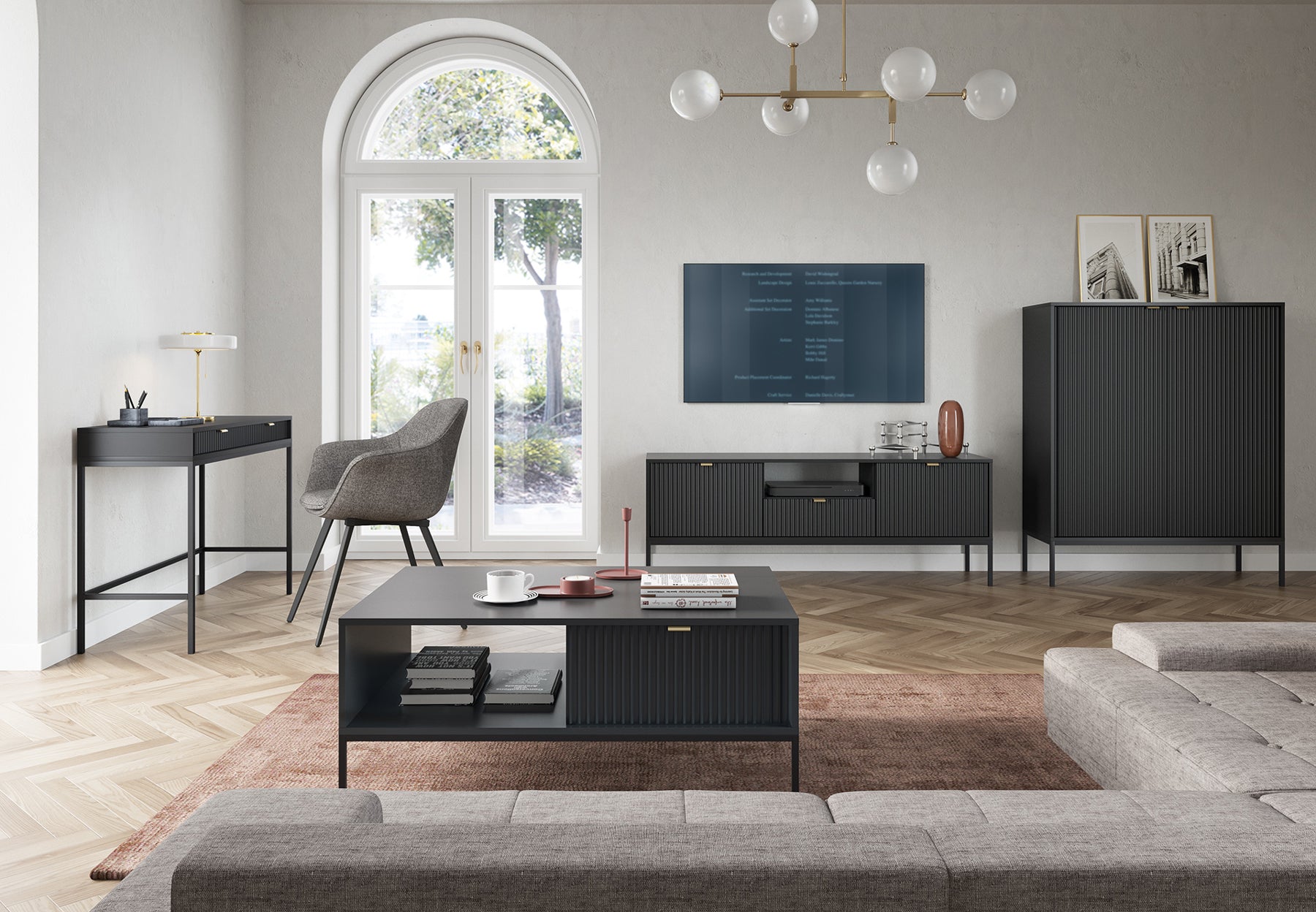 Komoda wysoka Vellore czarna z ryflowanymi frontami i złotymi uchwytami - na nóżkach