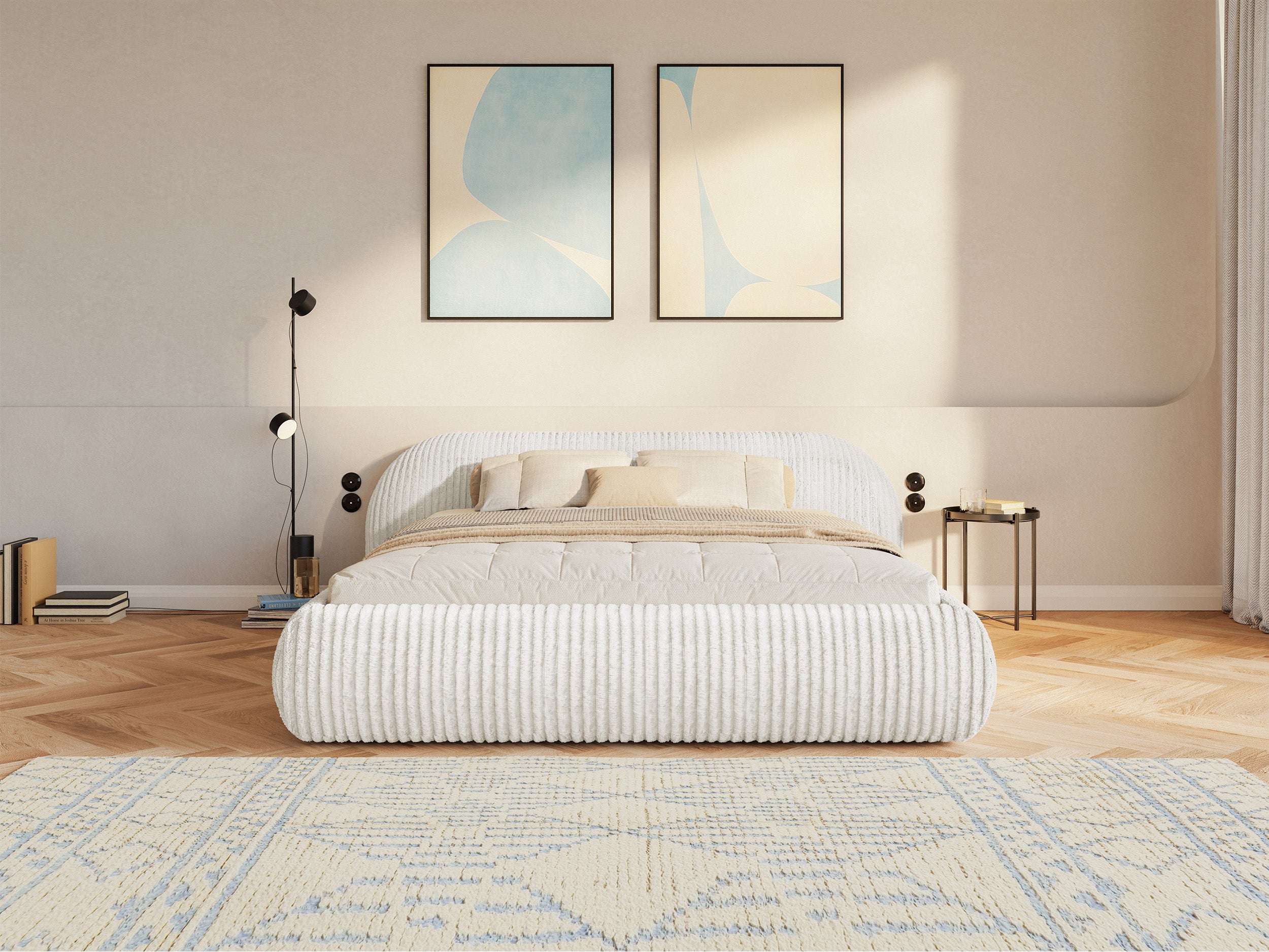 Łóżko tapicerowane 180x200 cm Shels Low z pojemnikiem stelaż metalowy jasnoszare gruby sztruks