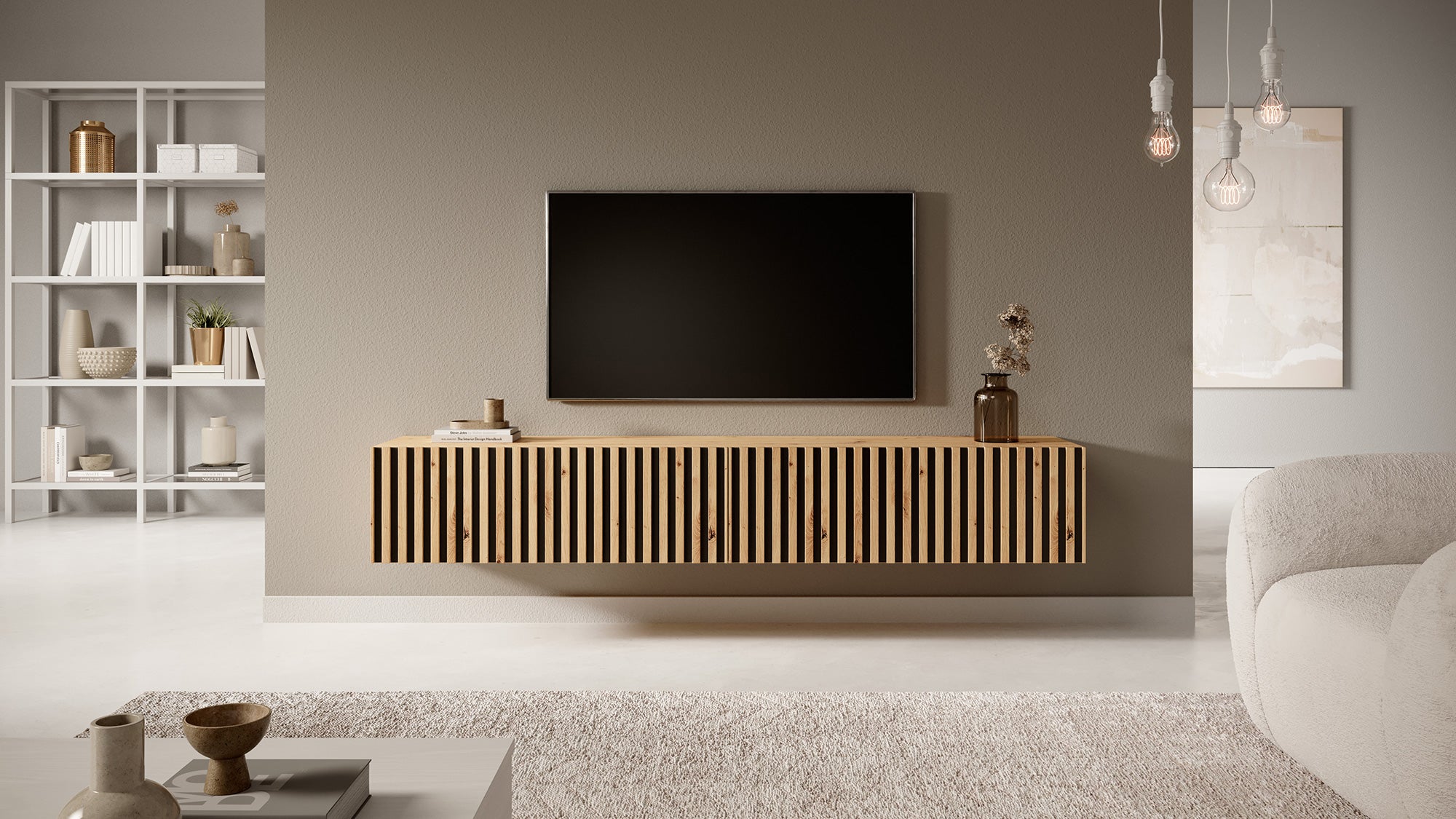 Szafka RTV Telire 175 cm dąb artisan lamele z czarnymi wstawkami