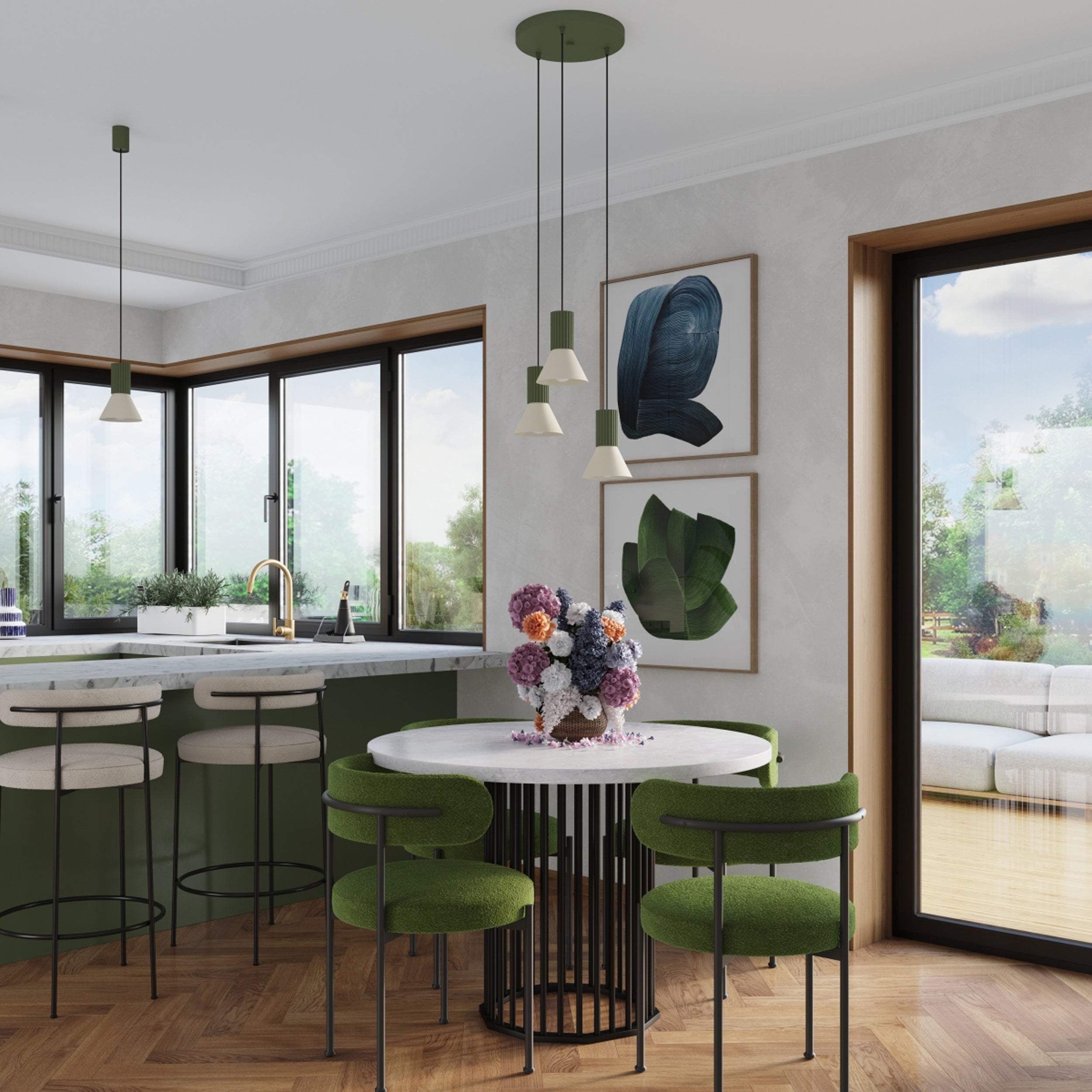 Lampa wisząca Estria x3 beżowa/zielona oliwka