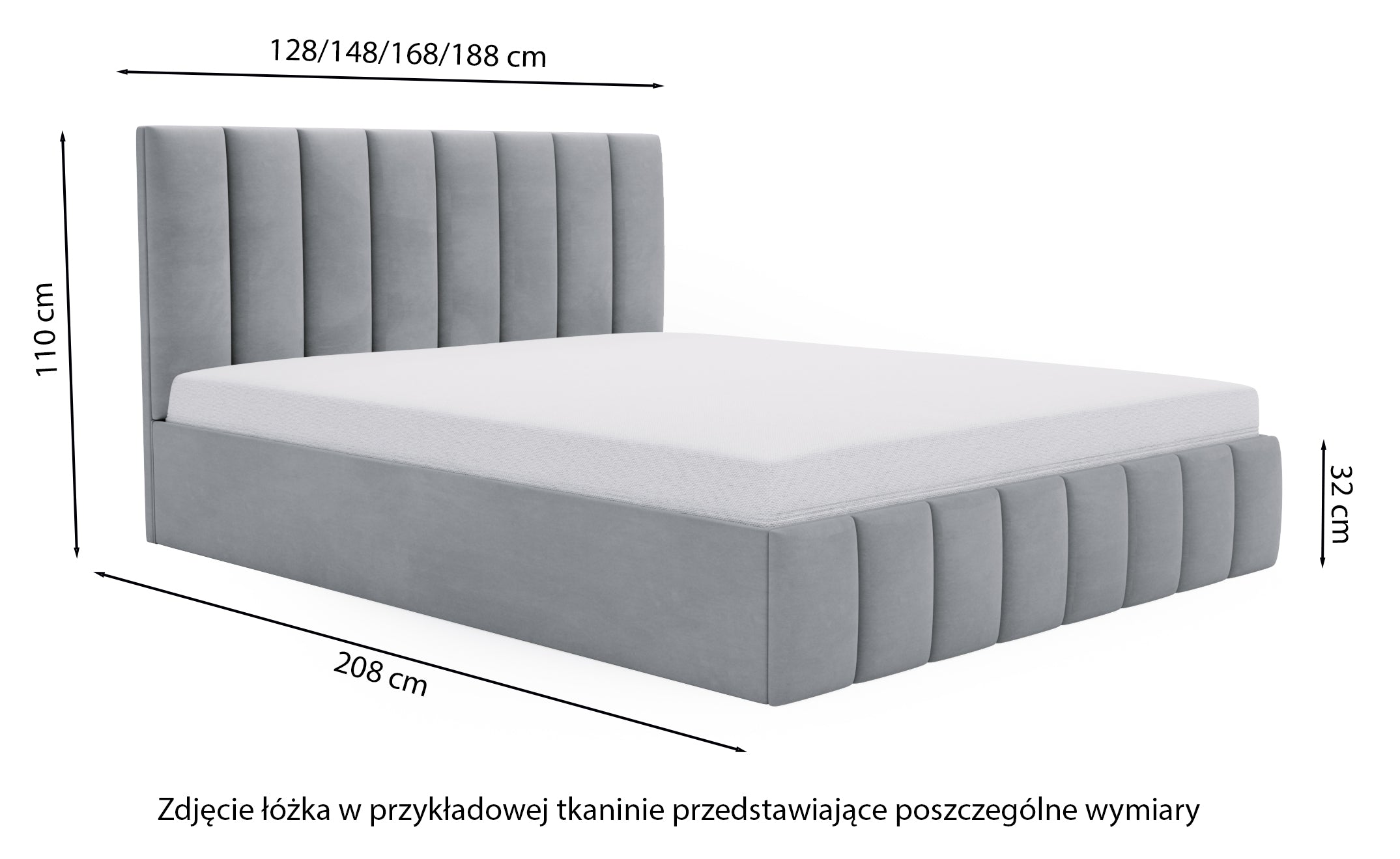 Rysunek wymiarowy - Łóżko tapicerowane Buenio 160x200 cm z pojemnikiem szarobeżowe: szerokość 168 cm, długość 208 cm, wysokość 110 cm