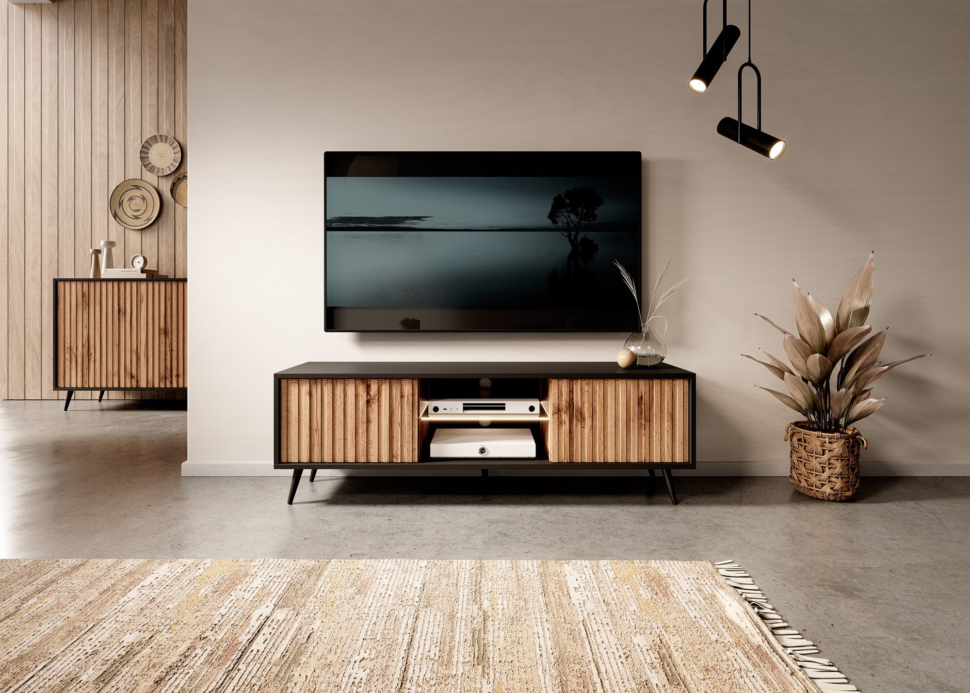Szafka RTV Bello z lamelowymi frontami 135 cm czarna/dąb wotan z led