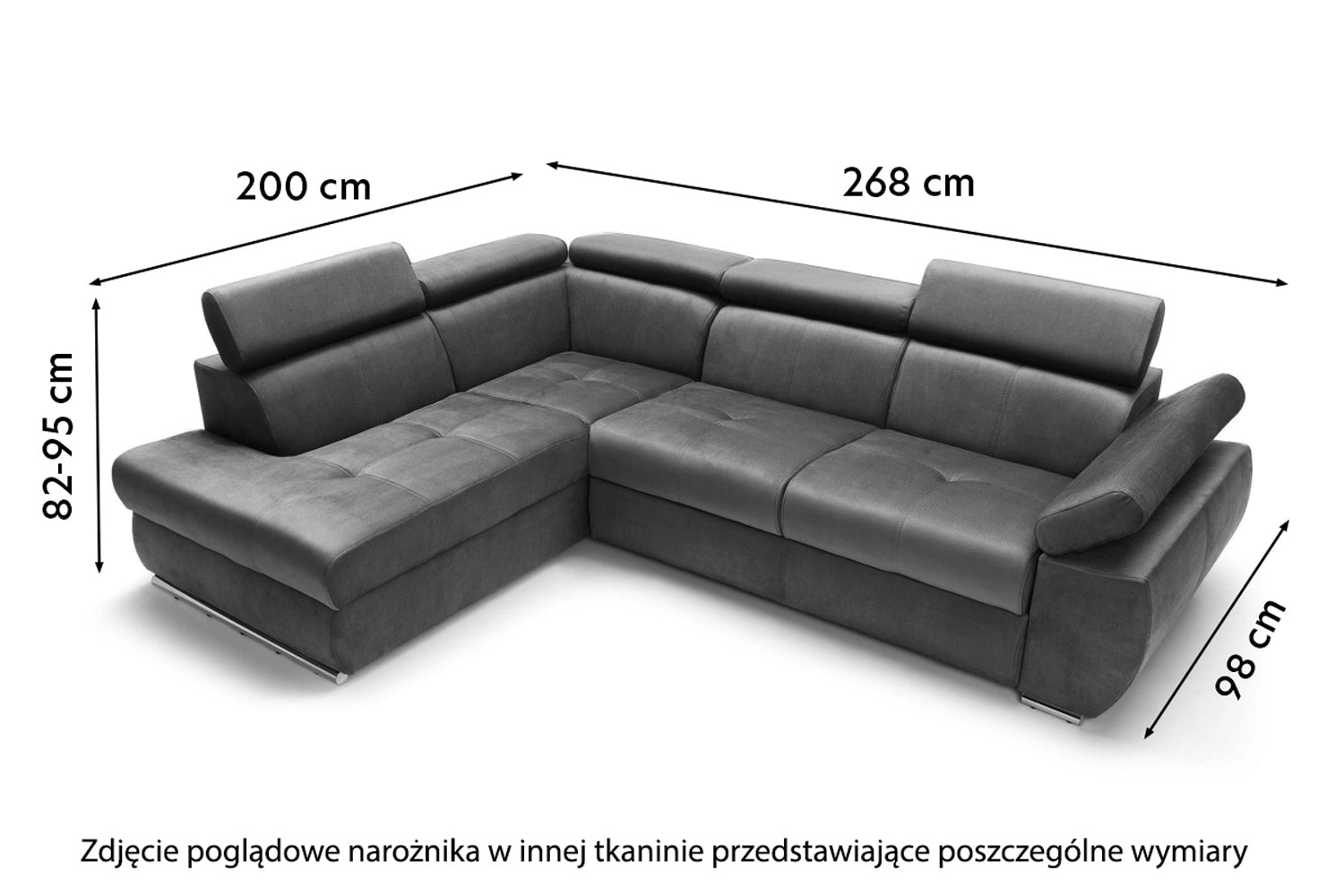 Narożnik z funkcją spania Ararip 268 cm L-kształtny z regulowanymi zagłówkami i pojemnikiem grafitowy welur hydrofobowy prawostronny