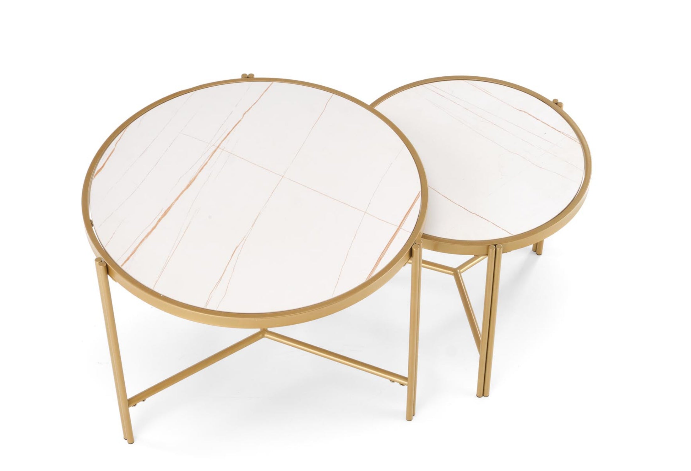Zestaw dwóch stolików kawowych Hesivene z okrągłymi blatami 63 cm i 48 cm biały marmur/ złoty - materiał kamień