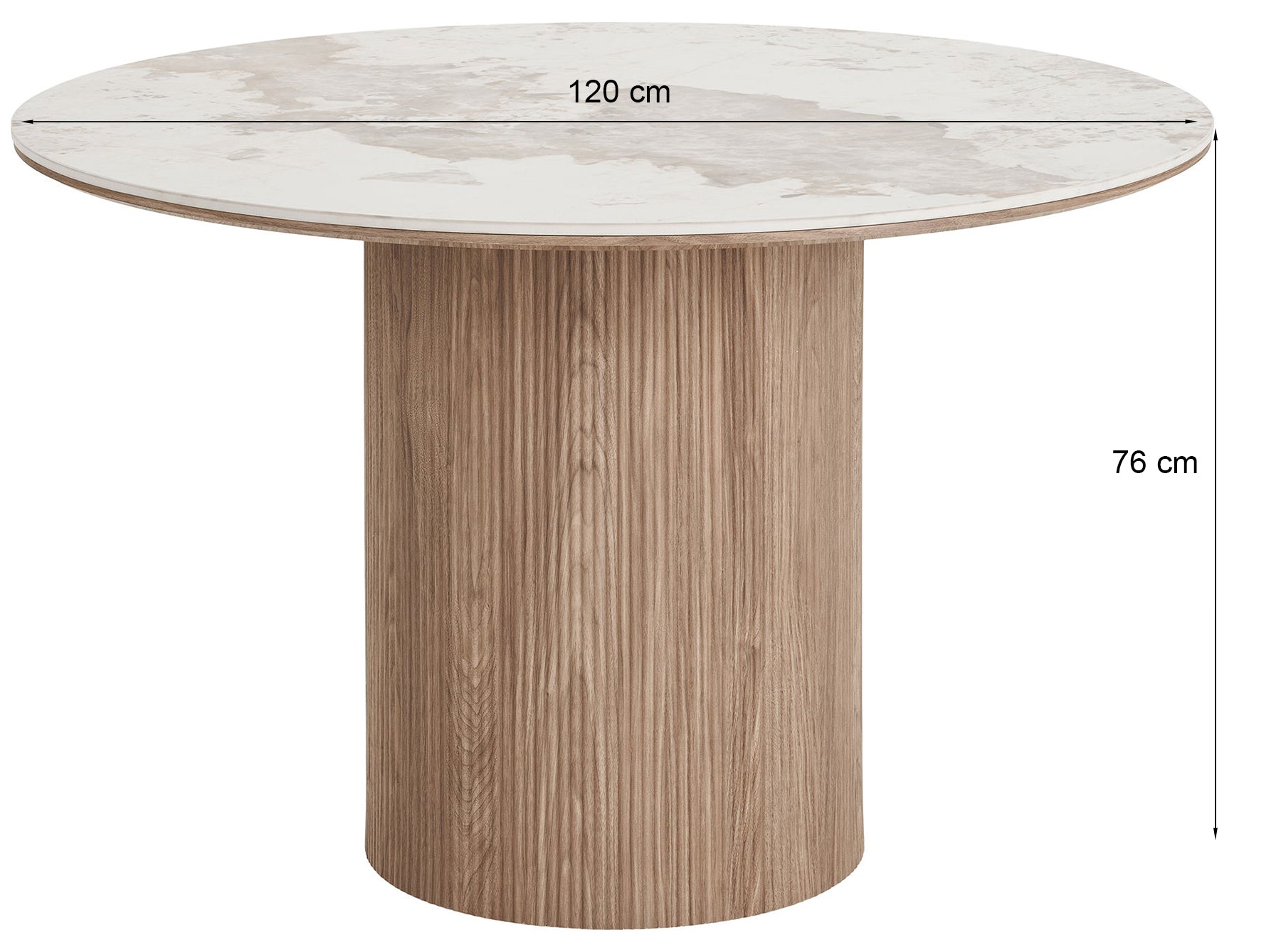 Stół okrągły do jadalni Athens 120 cm z okrągłą podstawą lamele jasny orzech ceramiczny blat - głębokość 120 cm