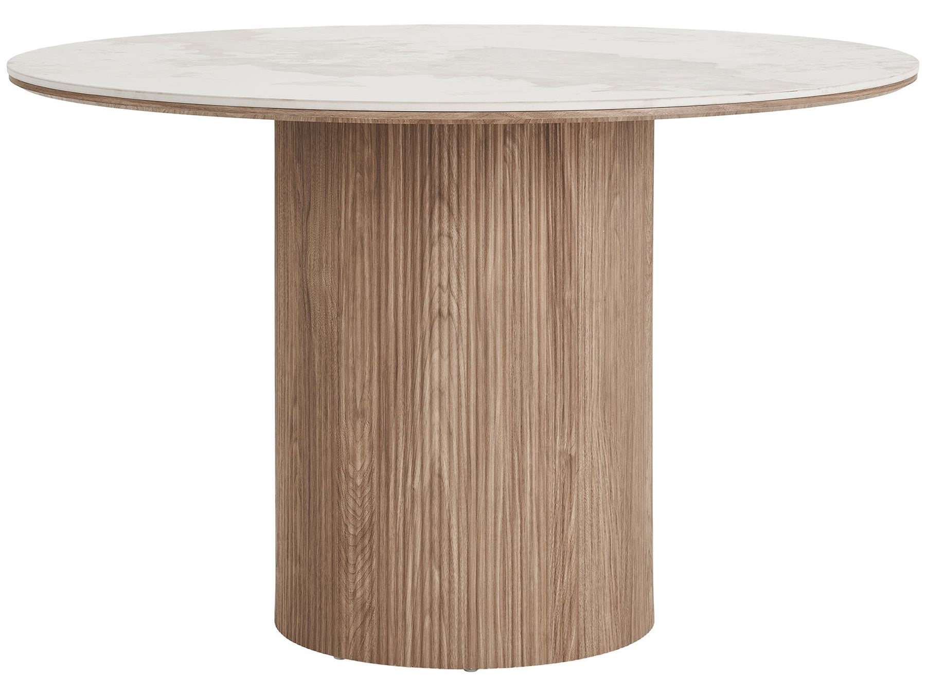 Stół okrągły do jadalni Athens 120 cm z okrągłą podstawą lamele jasny orzech ceramiczny blat - materiał płyta meblowa