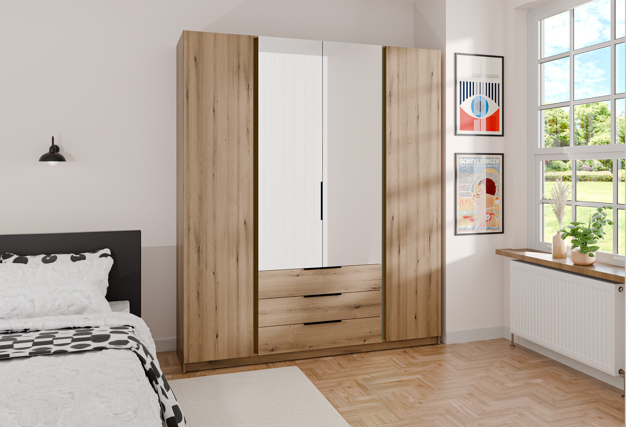 Szafa Kaja z lustrem i trzema szufladami 200 cm dąb evoke - z cichym domykiem