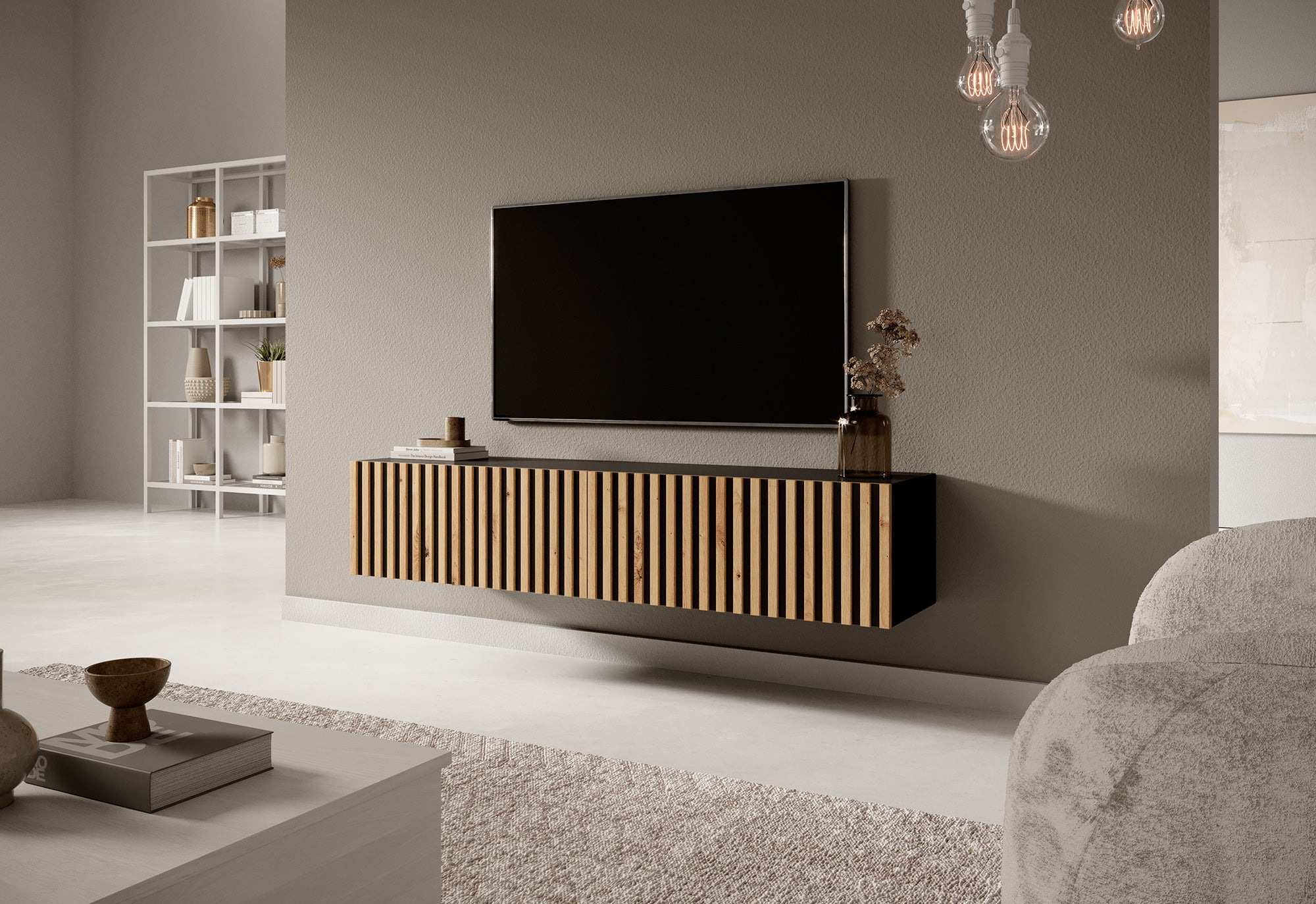 Szafka RTV Telire 138,6 cm czarna z lamelowym frontem dąb artisan - kolor dąb artisan czarny