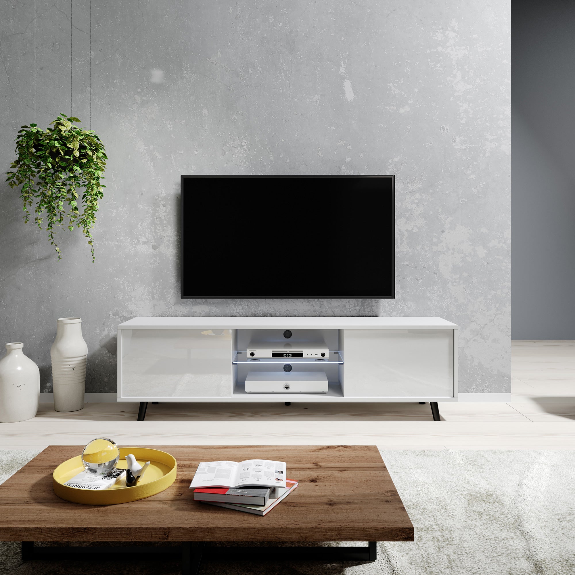 Szafka RTV Lefyr 140 cm Biały mat / Biały połysk