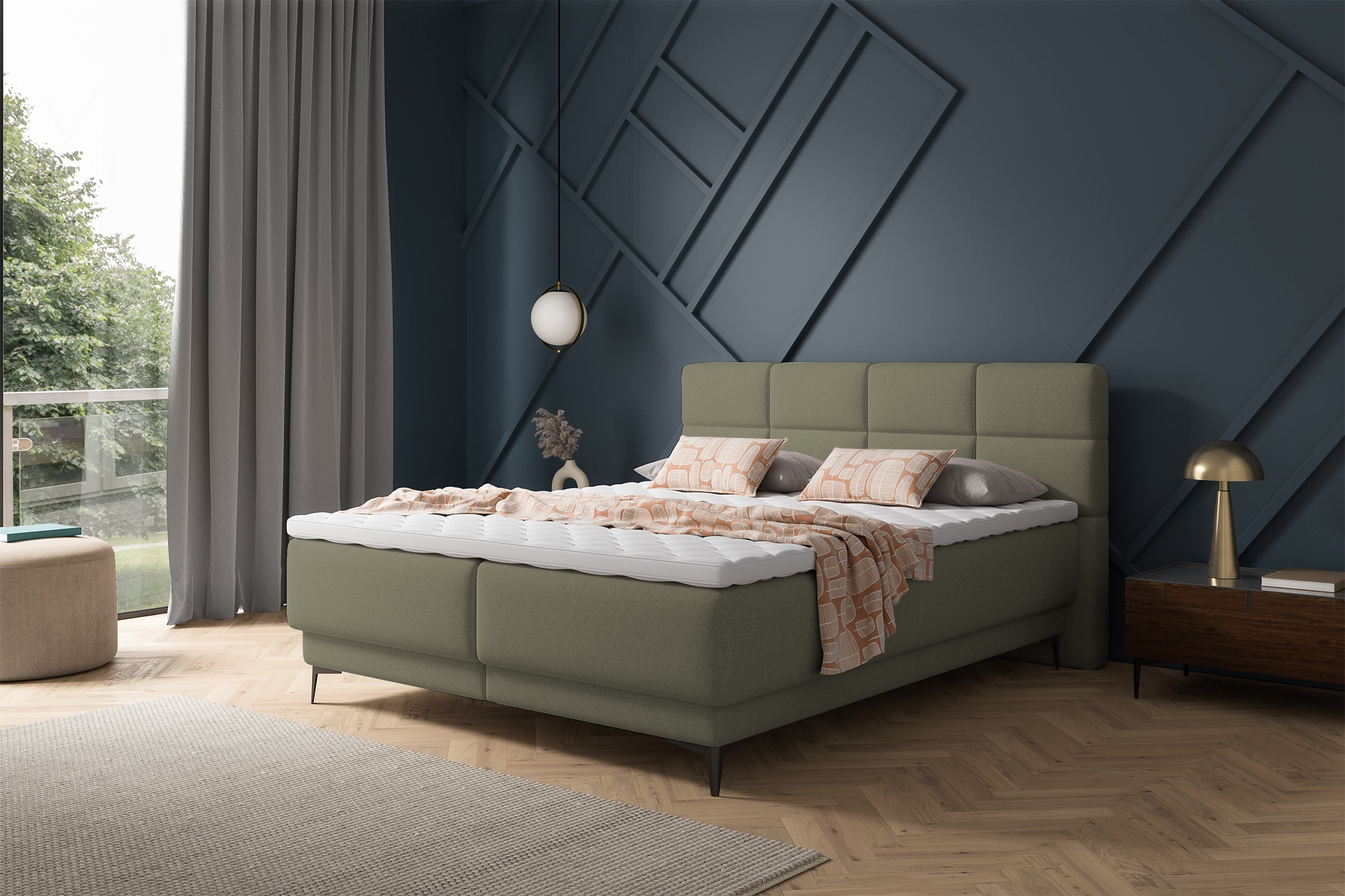 Łóżko kontynentalne 140x200 cm Rektango z pojemnikiem i topperem oliwkowy welur
