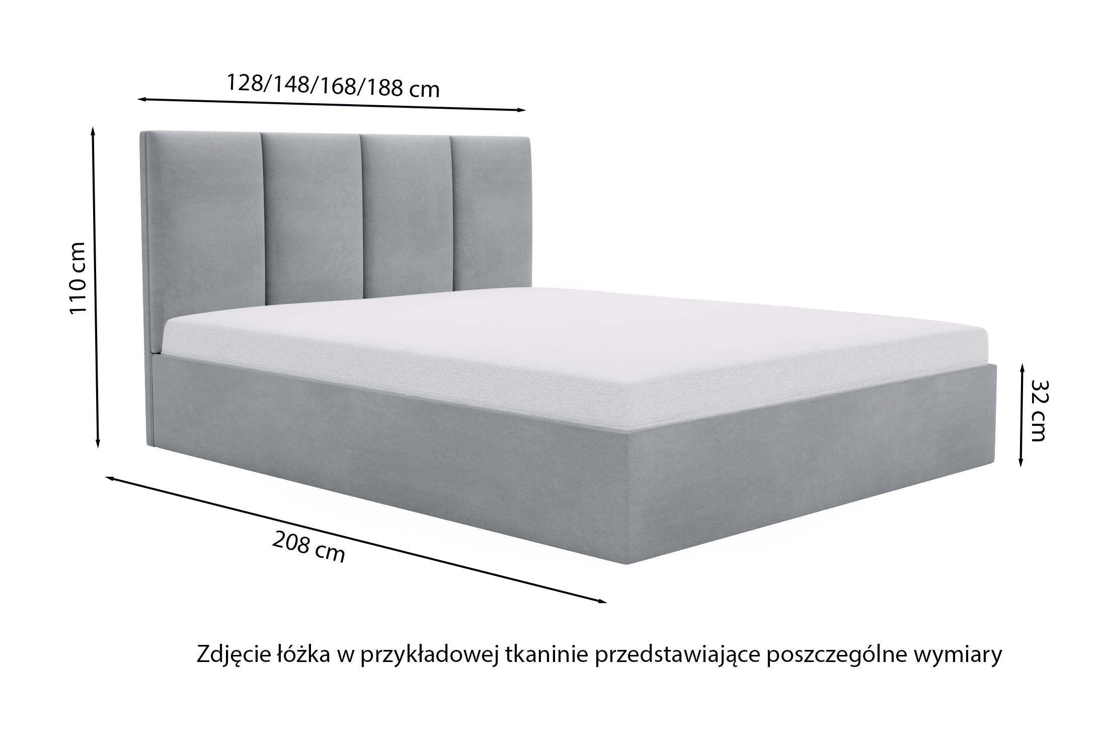 Rysunek wymiarowy - Łóżko tapicerowane Drimmi z pojemnikiem rudobrązowe: szerokość 128 cm, długość 208 cm, wysokość 110 cm