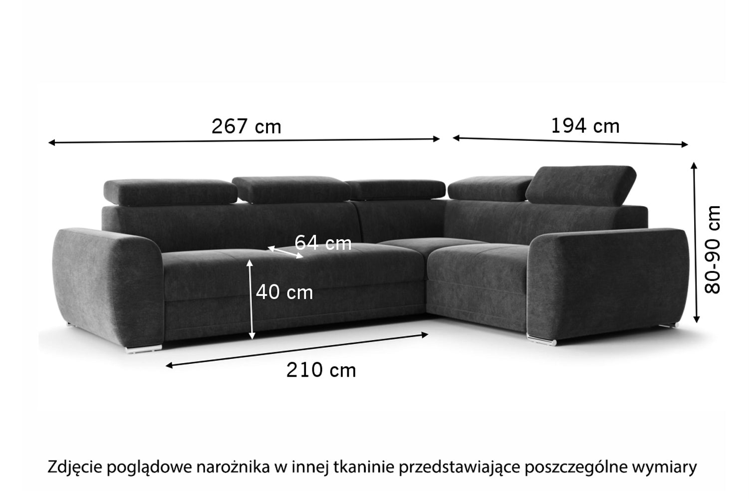 Narożnik z funkcją spania Danles L-kształtny z pięcioma regulowanymi zagłówkami i pojemnikiem grafitowy welur hydrofobowy prawostronny