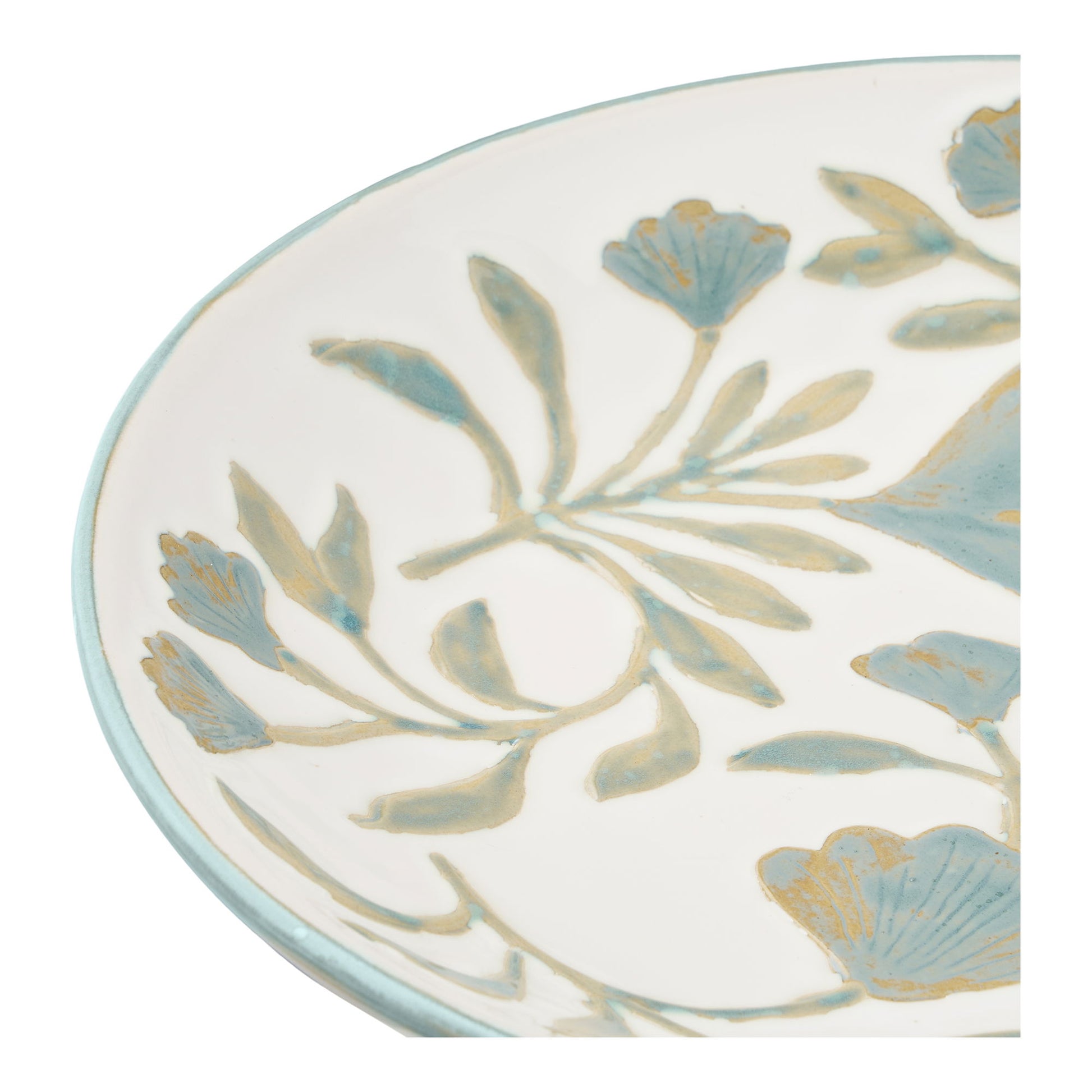Taca ceramiczna o kwiecistym wzorze Dulis ø35,5x5 cm biało-zielona - styl boho, szerokość 35,5 cm