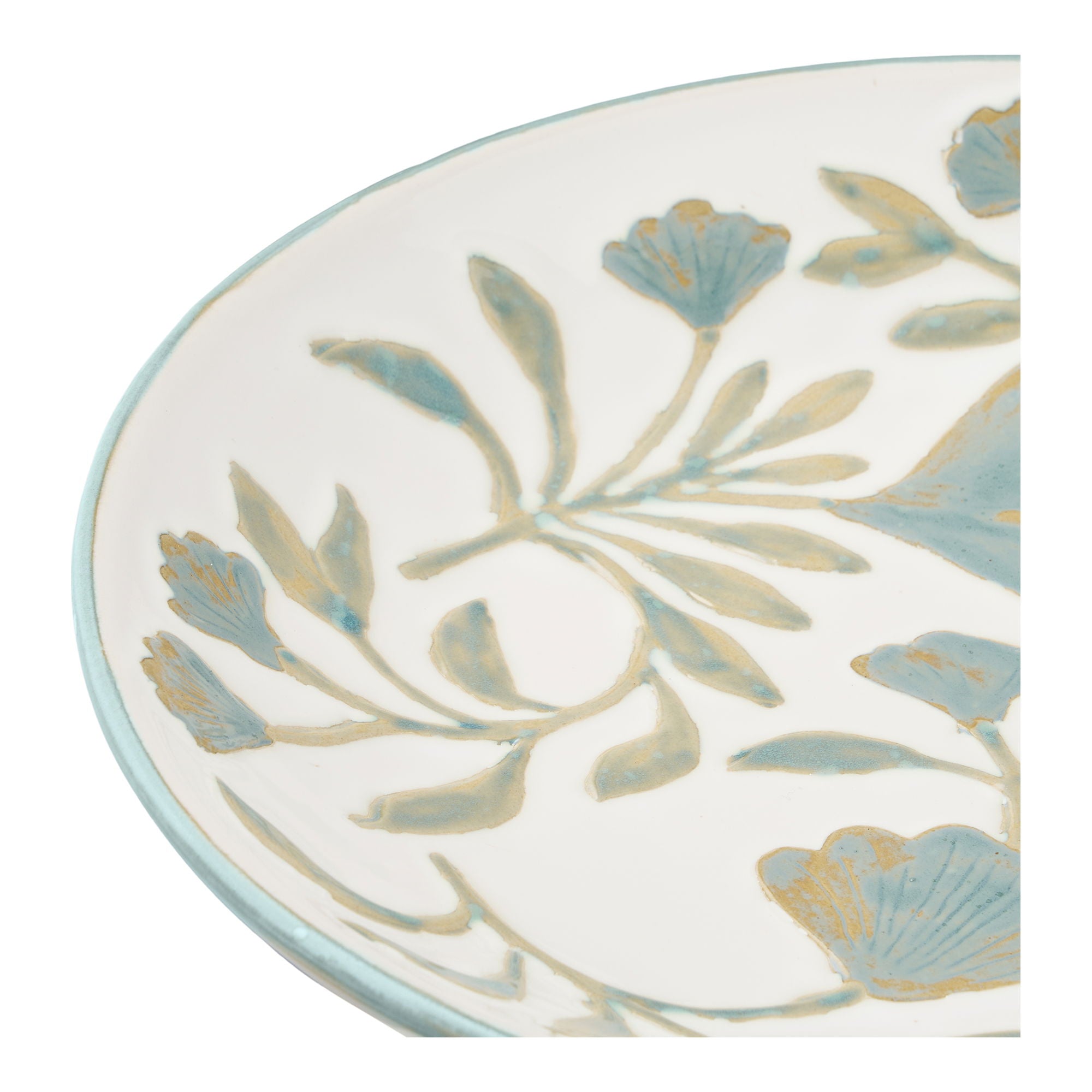 Taca ceramiczna o kwiecistym wzorze Dulis ø35,5x5 cm biało-zielona - styl boho, szerokość 35,5 cm