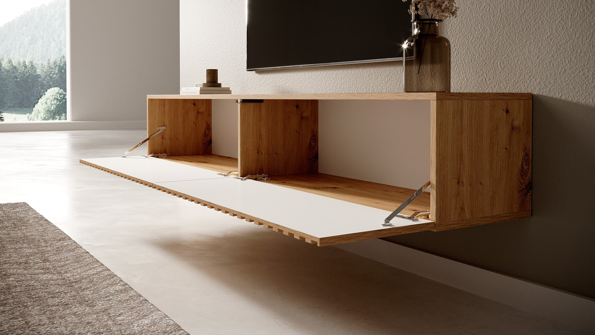 Szafka RTV Telire 175 cm dąb artisan lamele z czarnymi wstawkami