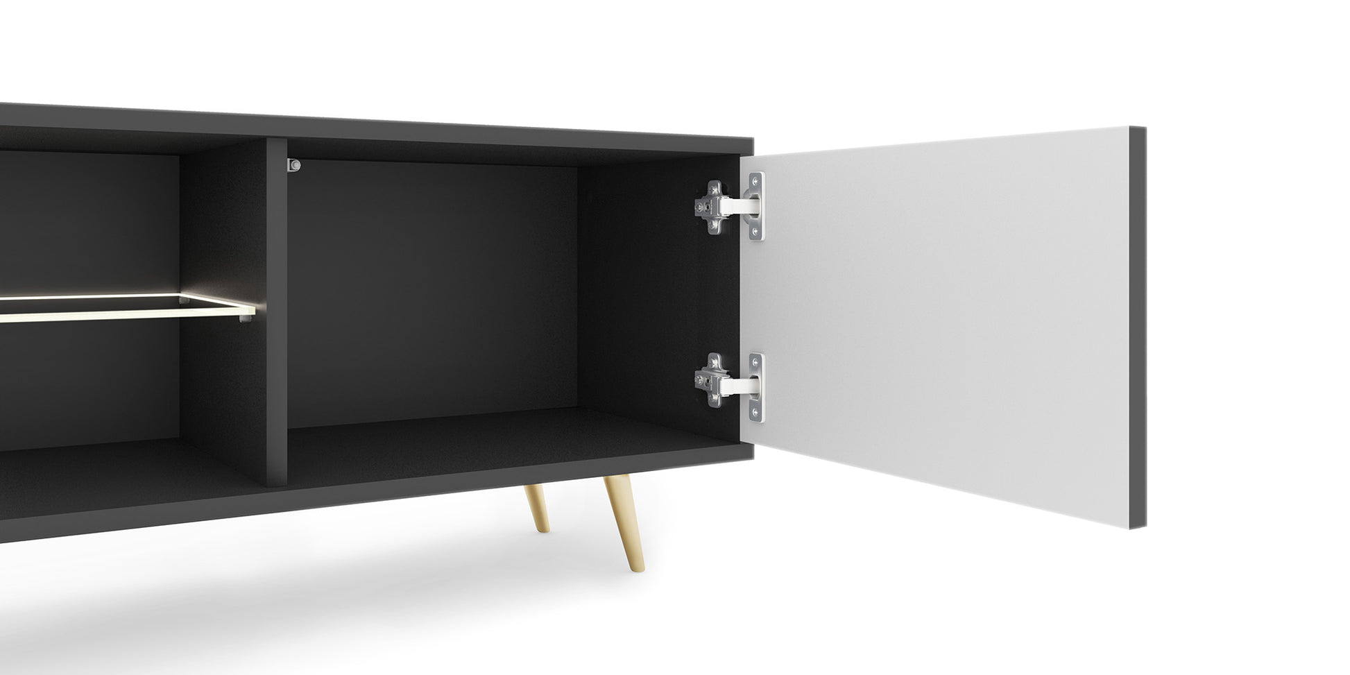 Szafka RTV Bello z lamelowymi frontami 175 cm czarna z led ze złotymi nogami - oświetlenie LED, złote nogi