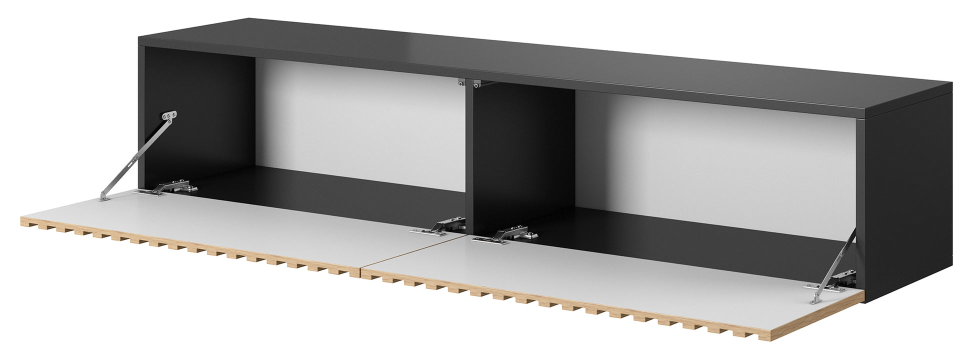 Szafka RTV Telire 138,6 cm czarna z lamelowym frontem dąb artisan - głębokość 31,6 cm