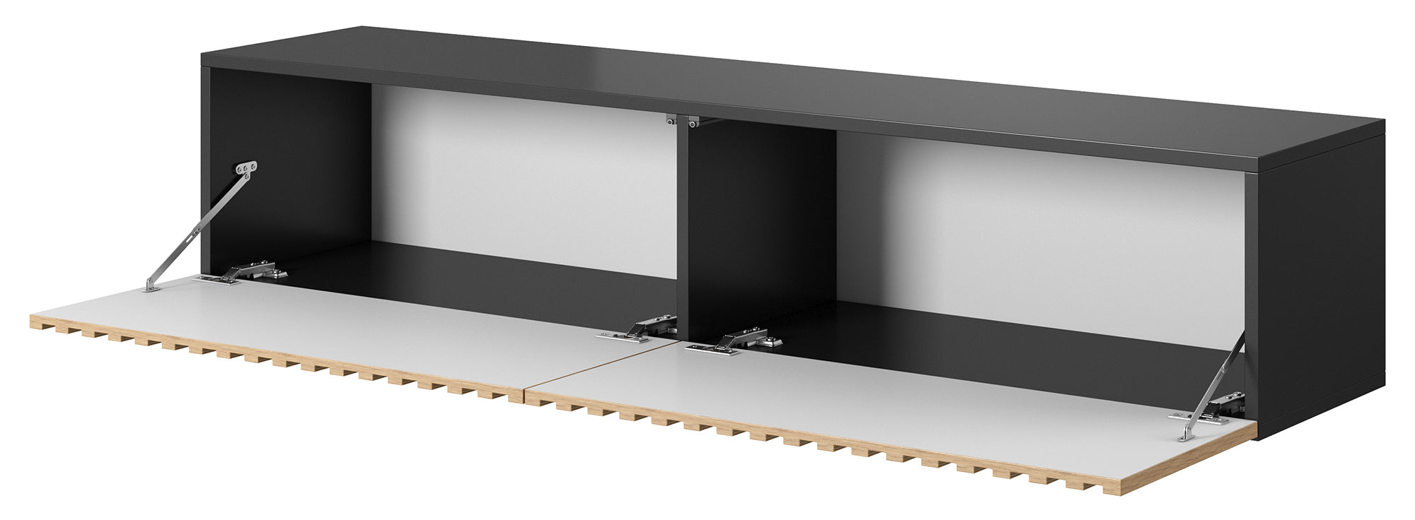 Szafka RTV Telire 138,6 cm czarna z lamelowym frontem dąb artisan - głębokość 31,6 cm