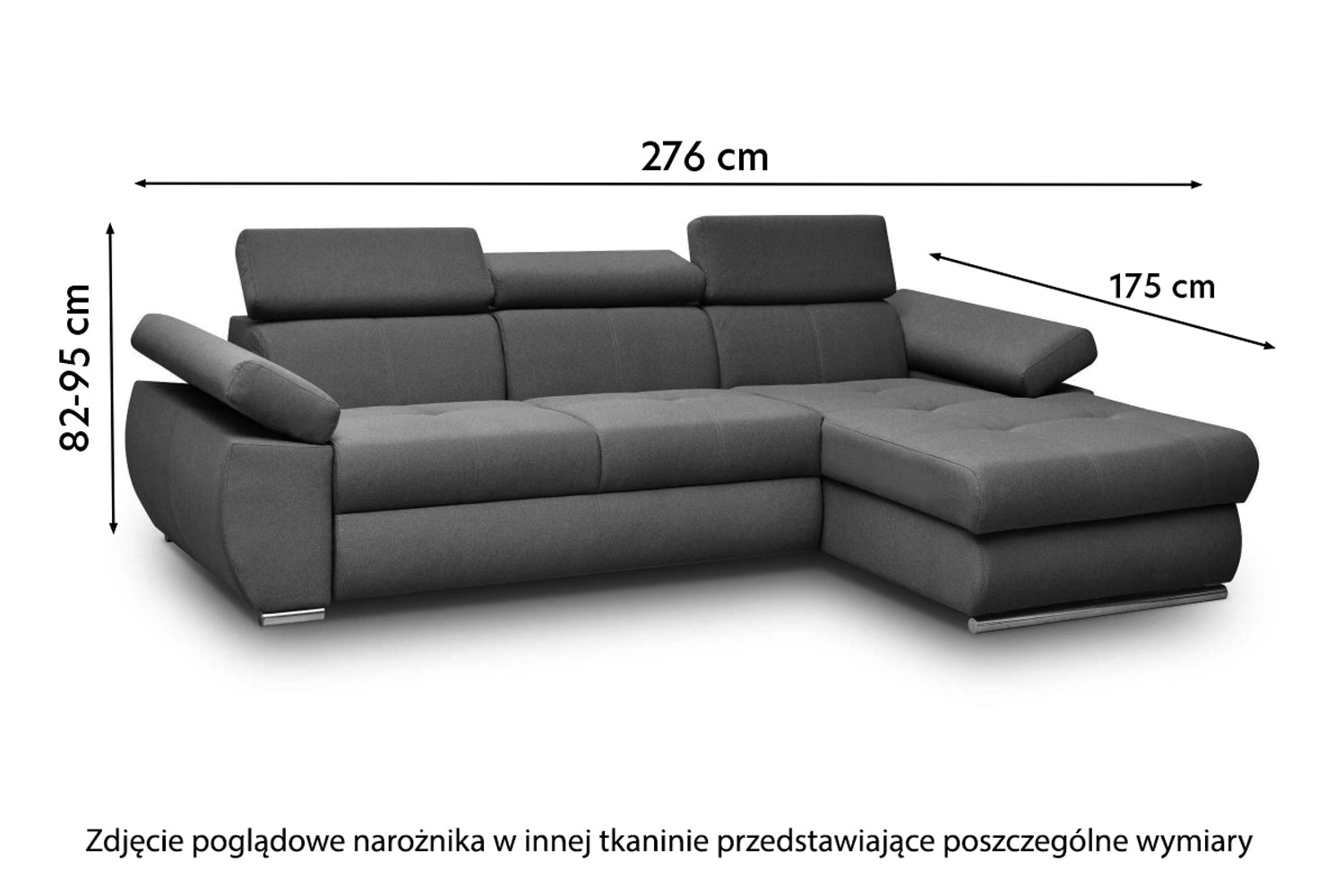 Narożnik z funkcją spania Ararip 276 cm L-kształtny z regulowanymi zagłówkami i pojemnikiem szary welur hydrofobowy prawostronny