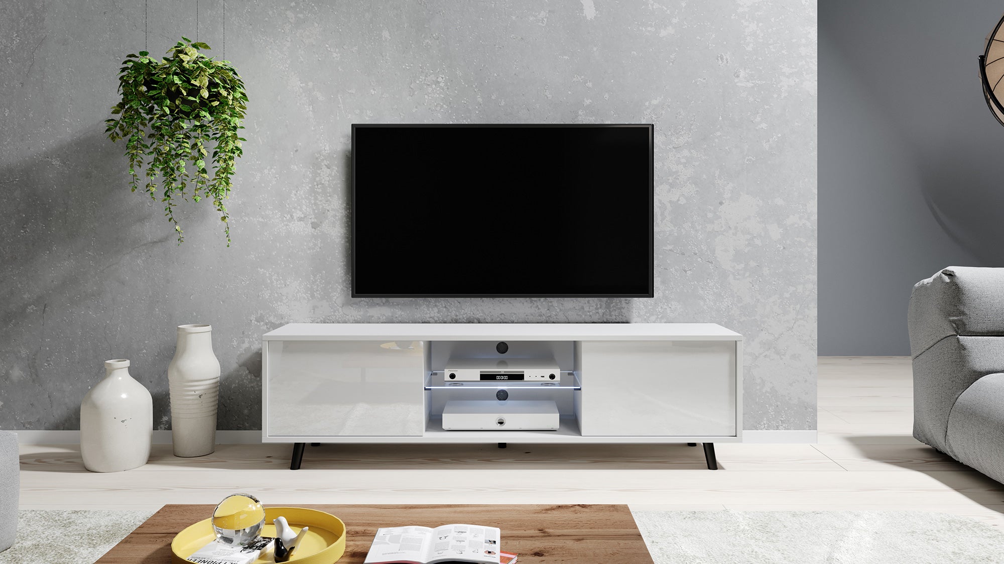 Szafka RTV Lefyr 140 cm Biały mat / Biały połysk