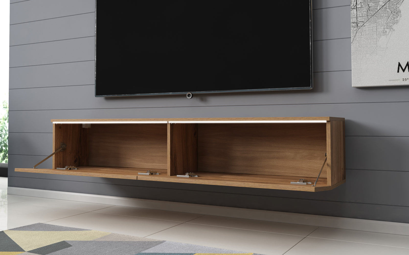 Szafka RTV Kane 140 cm Biały połysk / Dąb wotan z oświetleniem