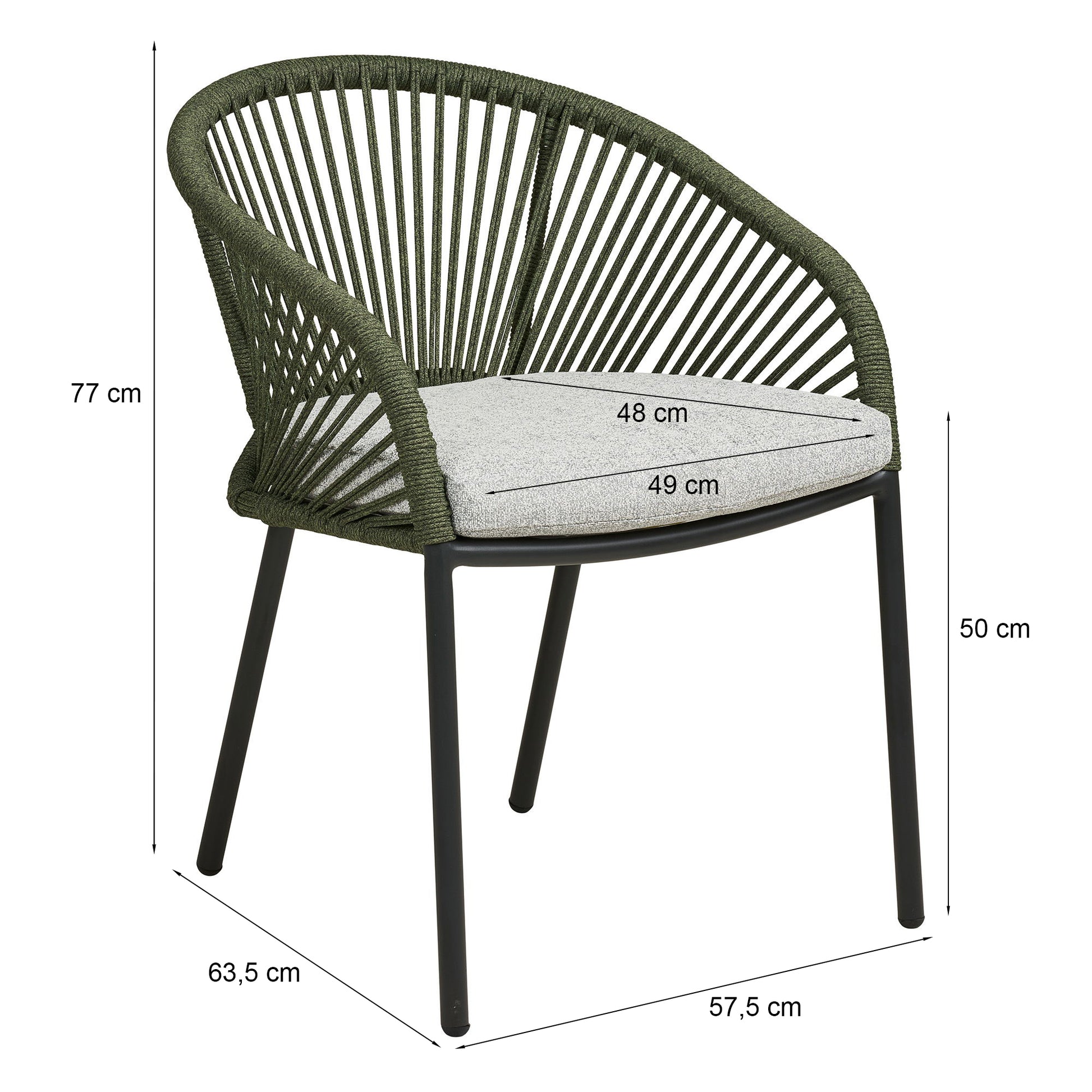 Krzesło ogrodowe Novella zielone z szarą poduszką - szerokość 57,5 cm, głębokość 63,5 cm