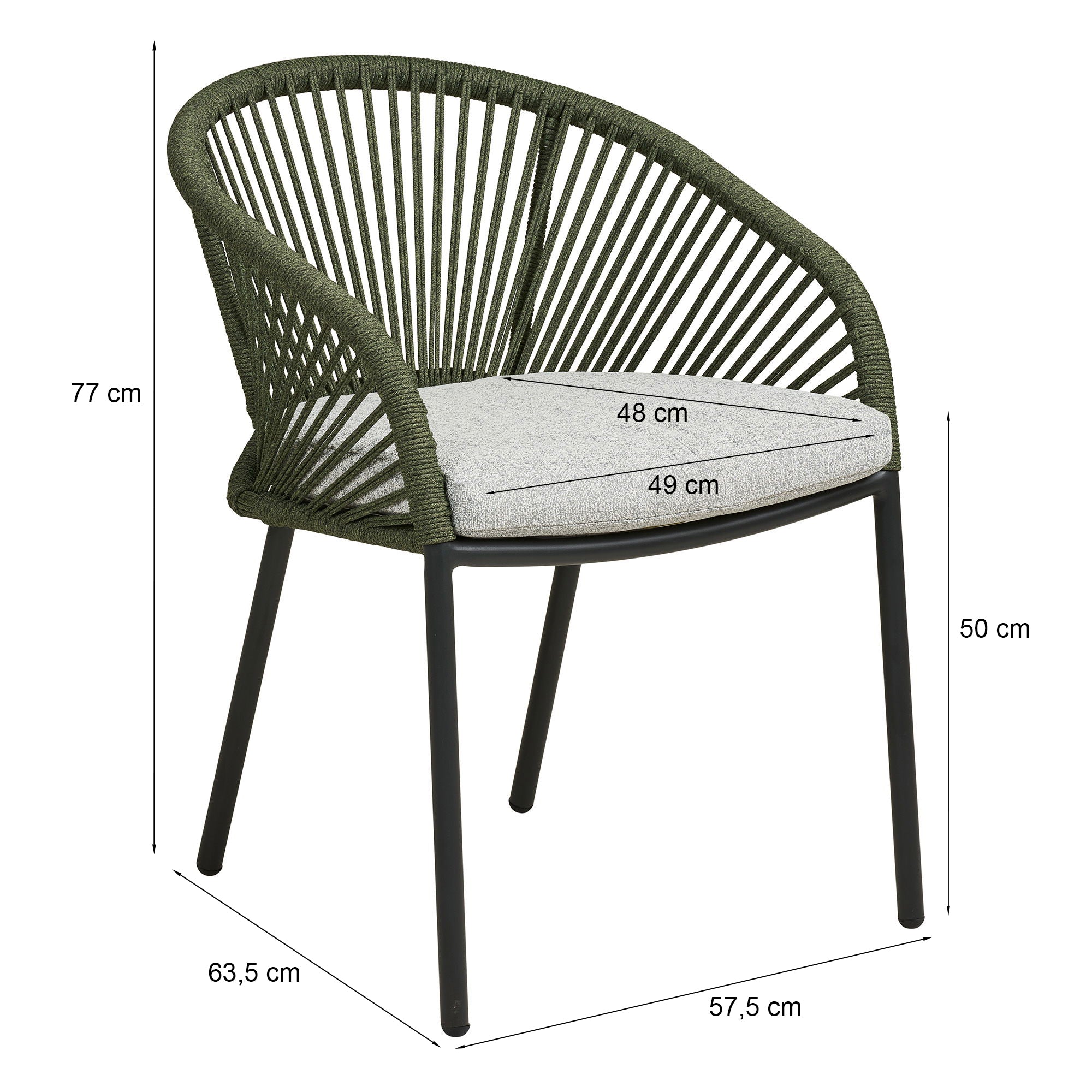 Krzesło ogrodowe Novella zielone z szarą poduszką - szerokość 57,5 cm, głębokość 63,5 cm