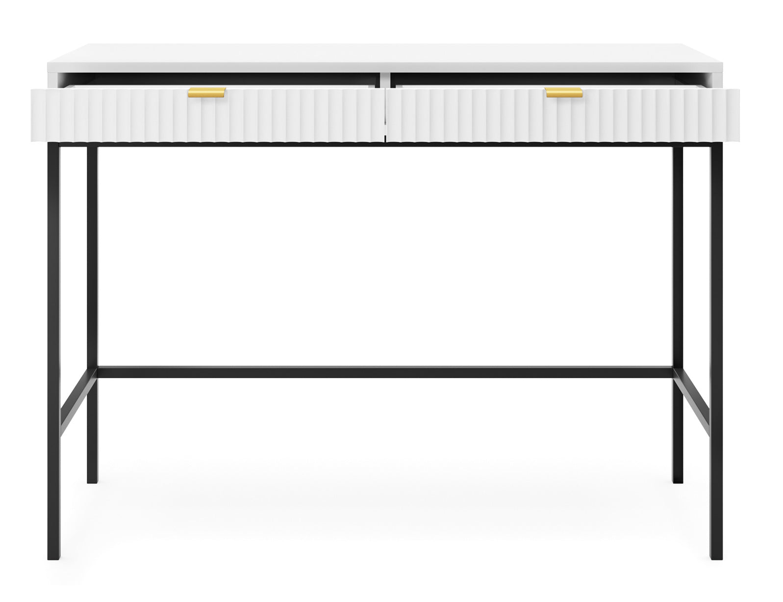 Toaletka biurko Vellore 104 cm biała z ryflowanymi frontami i złotymi uchwytami - materiał metal
