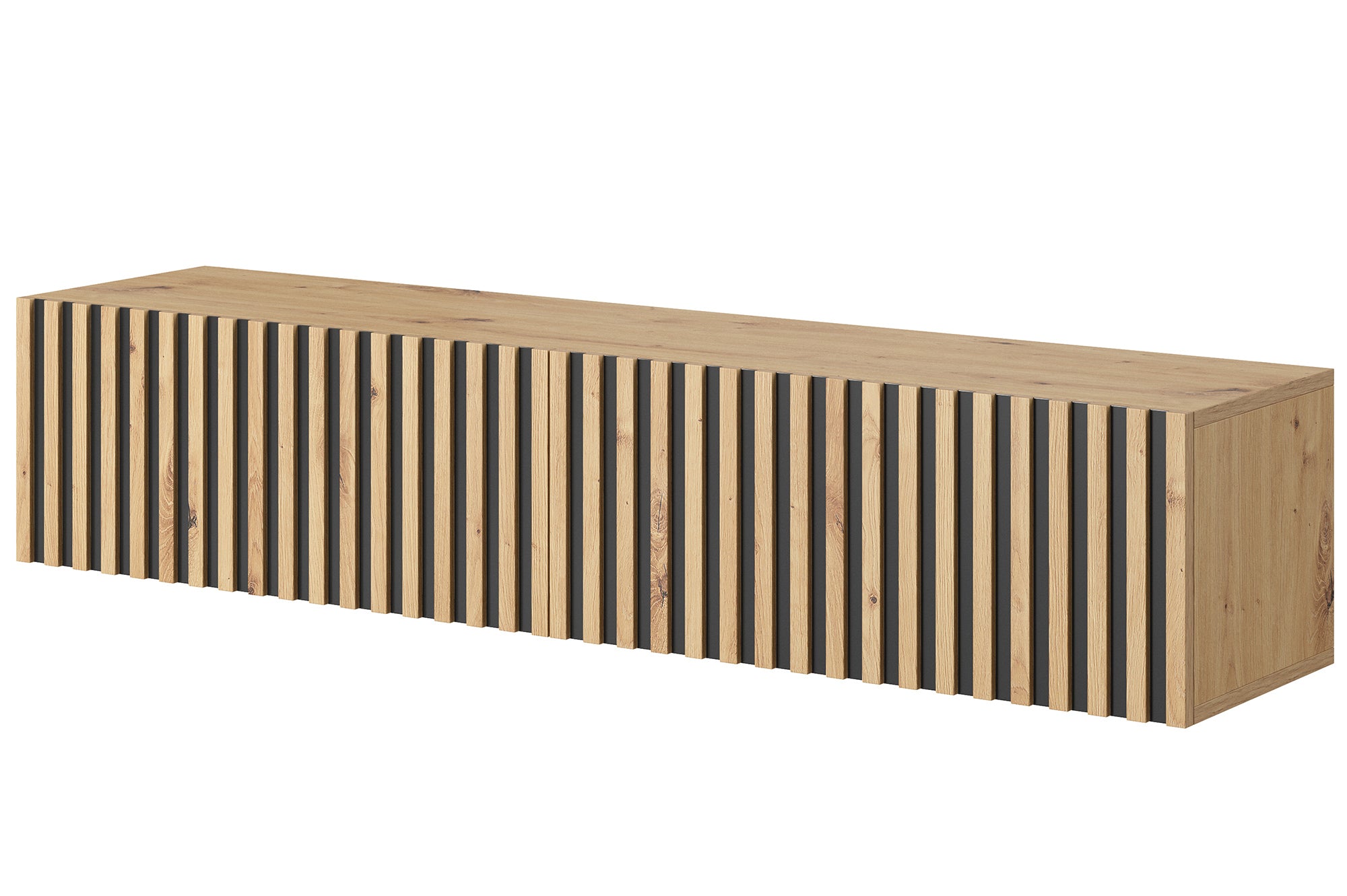 Szafka RTV Telire 138,6 cm dąb artisan z lamelowym frontem i czarnymi wstawkami - szerokość 138,6 cm
