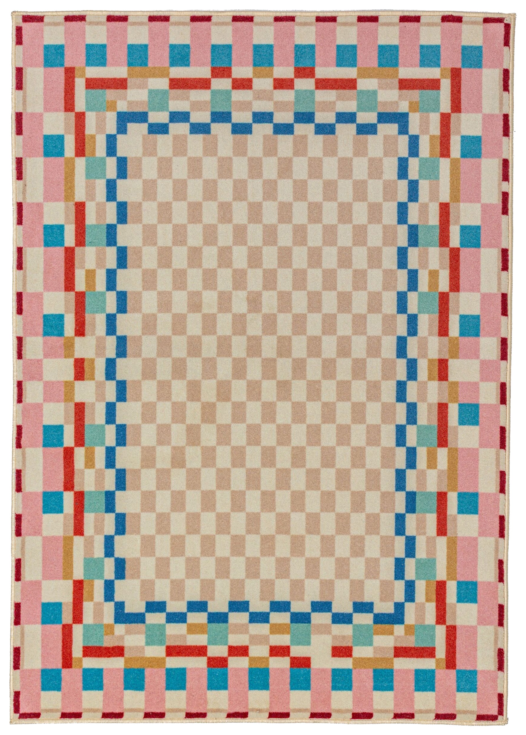 Dywan z wełną Checkered Border 140x200 cm wielokolorowy