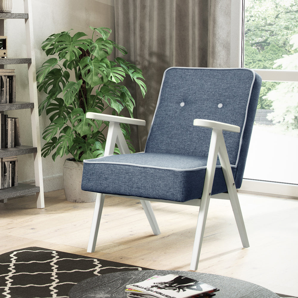 Fotel MidCentury niebiesko jasnoszary łatwoczyszczący - materiał drewno