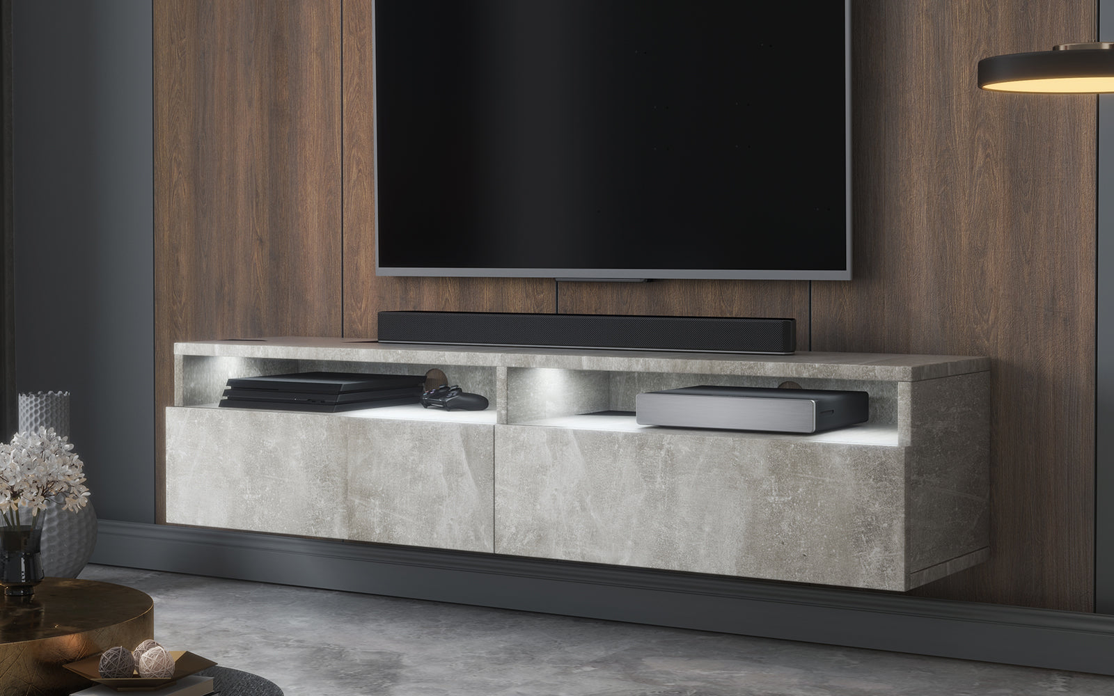 Szafka RTV z dwiema szufladami Rednaw 140 cm Beton z oświetleniem - materiał płyta meblowa