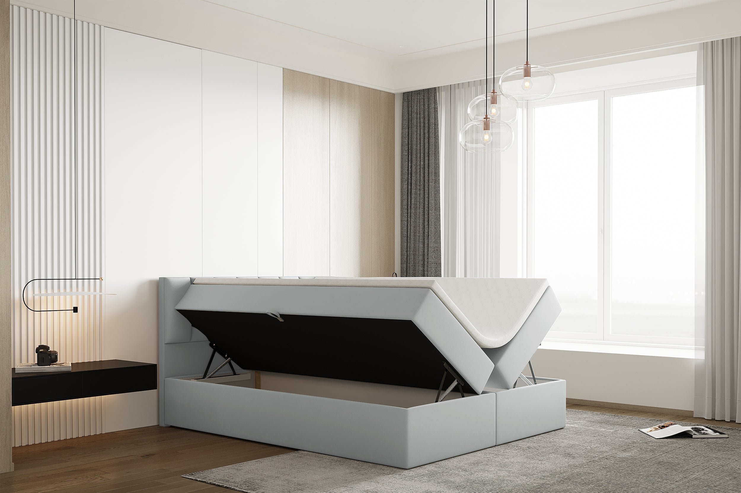 Łóżko kontynentalne 160x200 cm Carbini z pojemnikami  i materacem bonellowym jasnoszare welur hydrofobowy