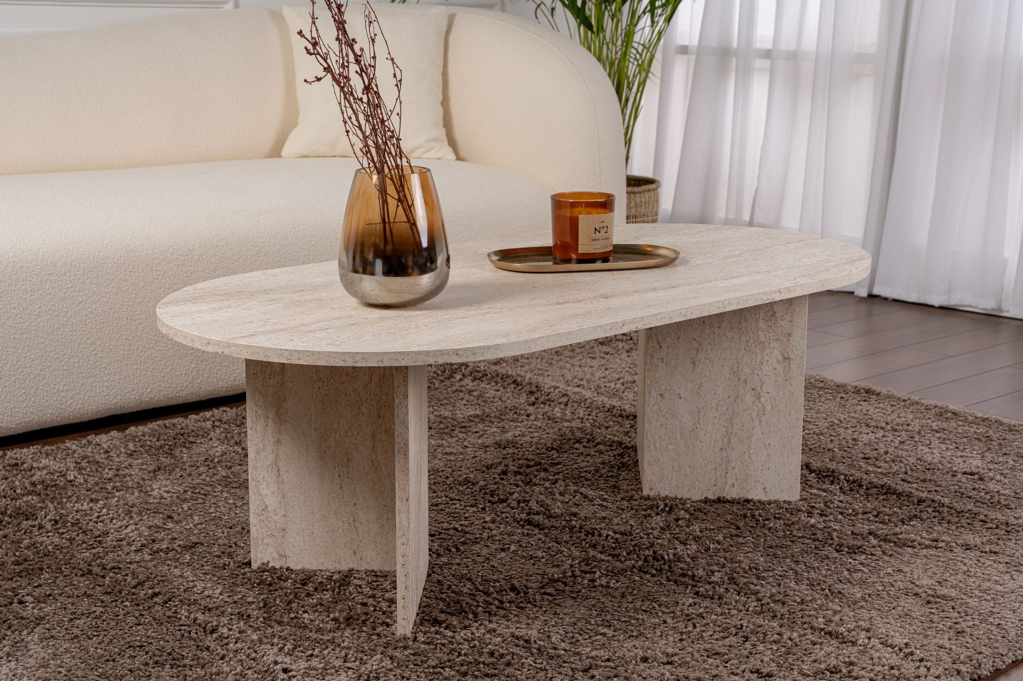 Stolik kawowy Sable owalny blat 119x60 cm trawertyn
