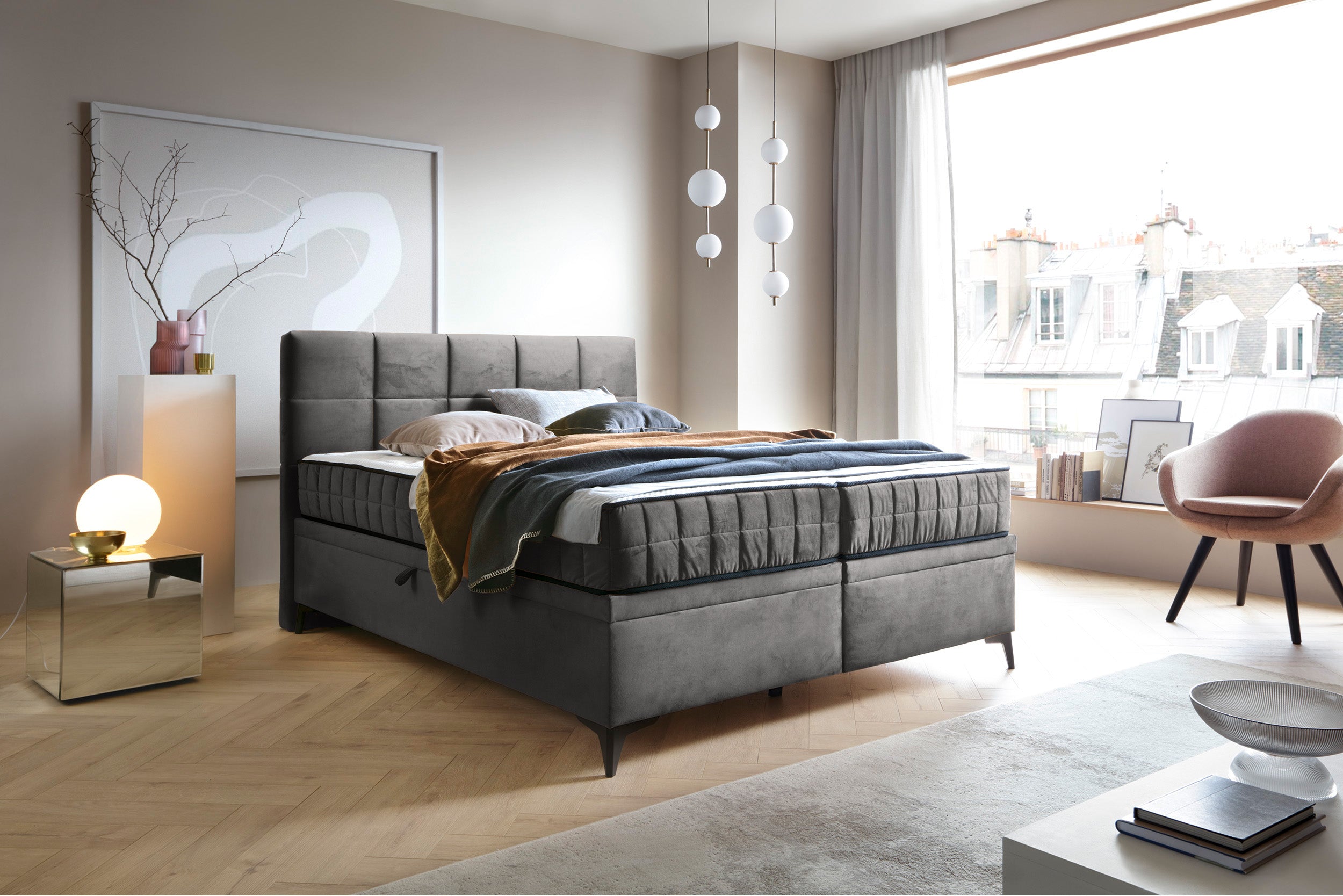 Łóżko kontynentalne 180x200 cm Beriano z pojemnikami i materacem popielate welur