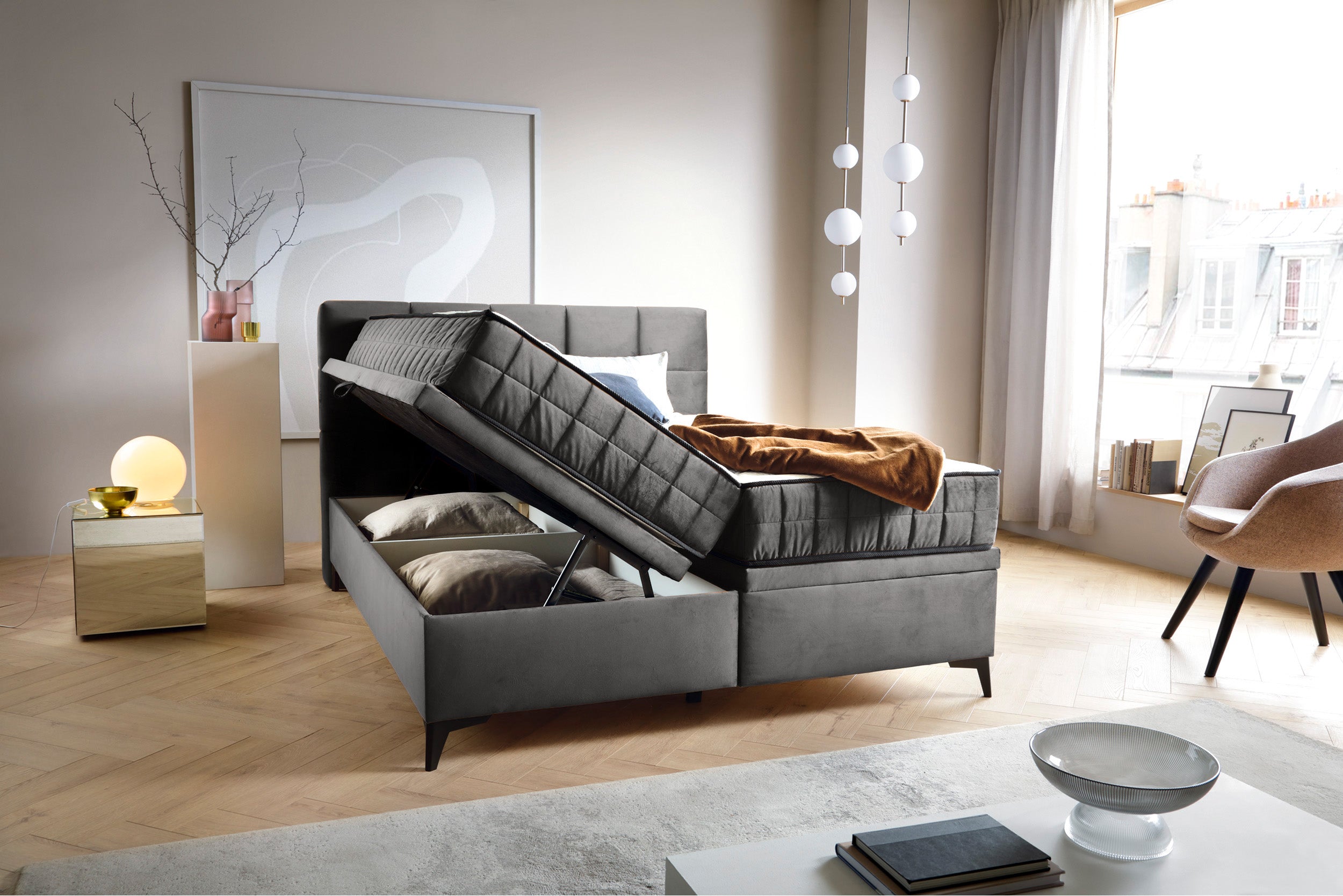 Łóżko kontynentalne 160x200 cm Beriano z pojemnikami i materacem popielate welur
