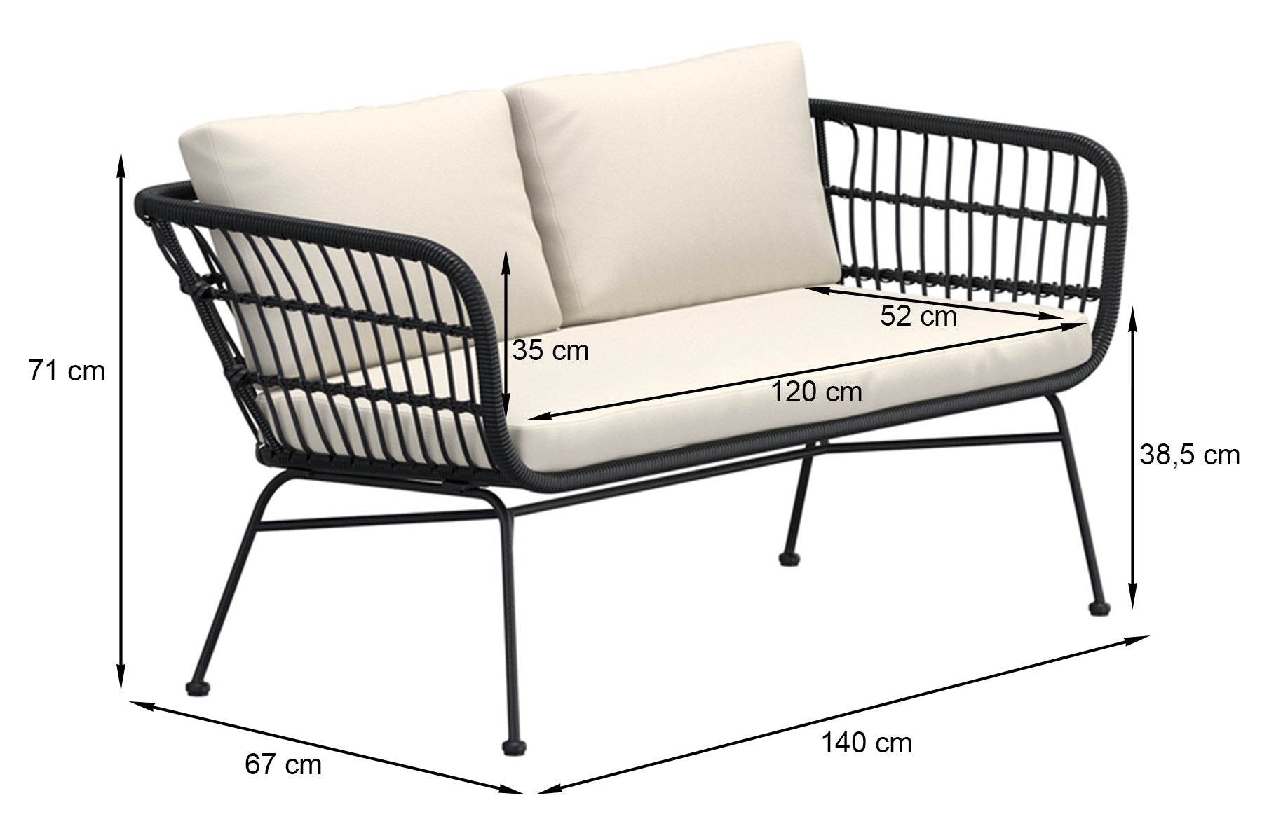 Sofa ogrodowa dwuosobowa Isola czarna z kremowymi poduszkami