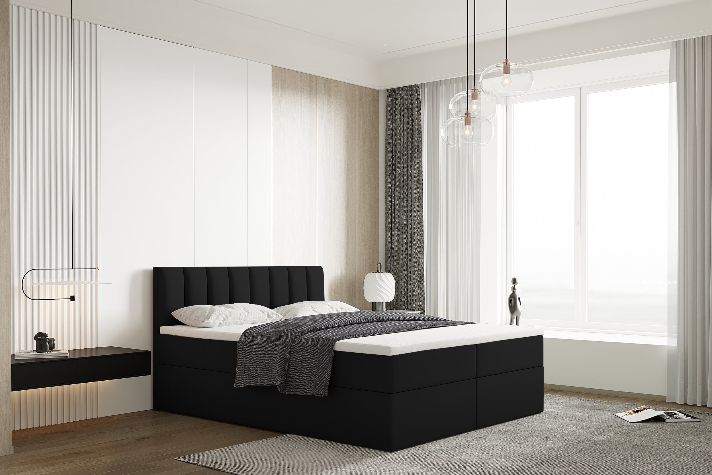 Łóżko kontynentalne Carbini 180x200 cm z pojemnikami i materacem kieszeniowym czarne - z topperem