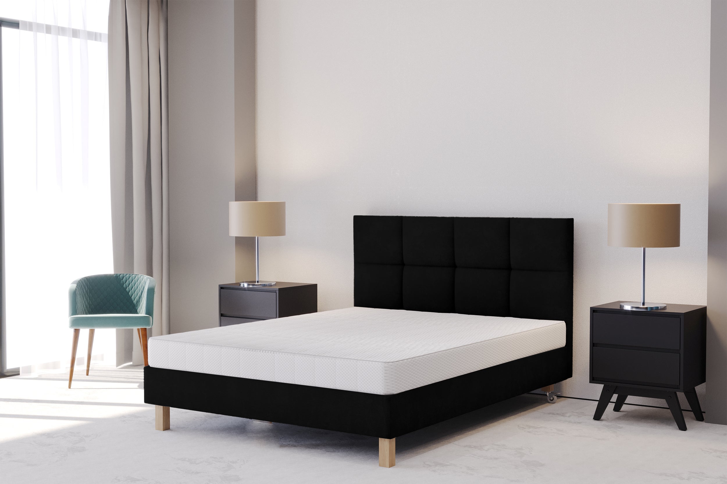 Łóżko Donbay 140x200 cm z wezglowiem panelowym i materacem kieszeniowym czarne - na nóżkach