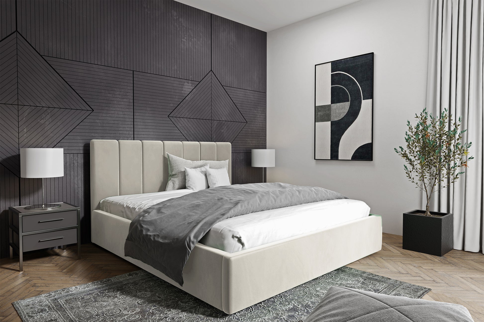 Łóżko tapicerowane Isara 160x200 cm z pojemnikiem kremowe - bez materaca