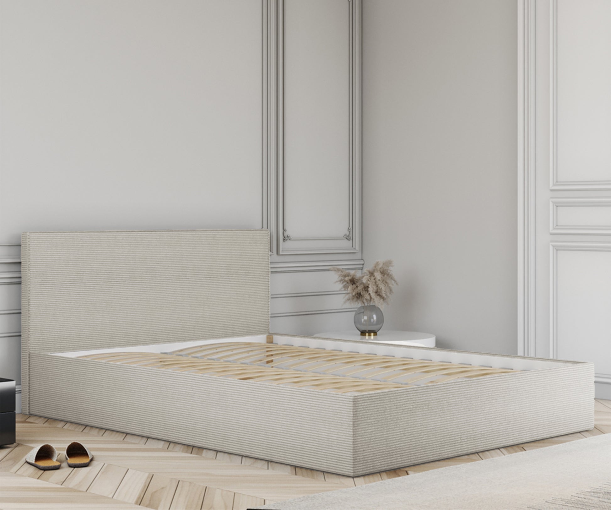 Łóżko tapicerowane Campile 160x200 cm z pojemnikiem beżowe - materiał drewno