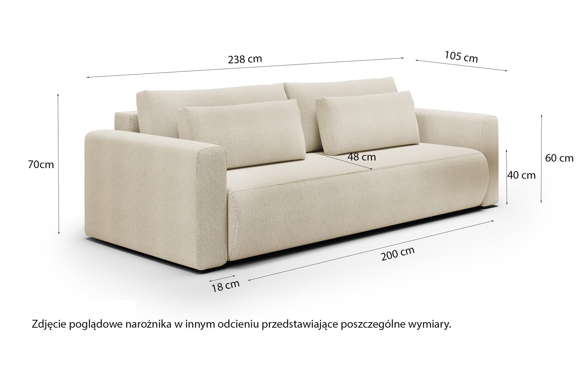 Rysunek wymiarowy - Kanapa rozkładana Ajwar szarobeżowa: szerokość 238 cm, głębokość 105 cm, wysokość 40 cm