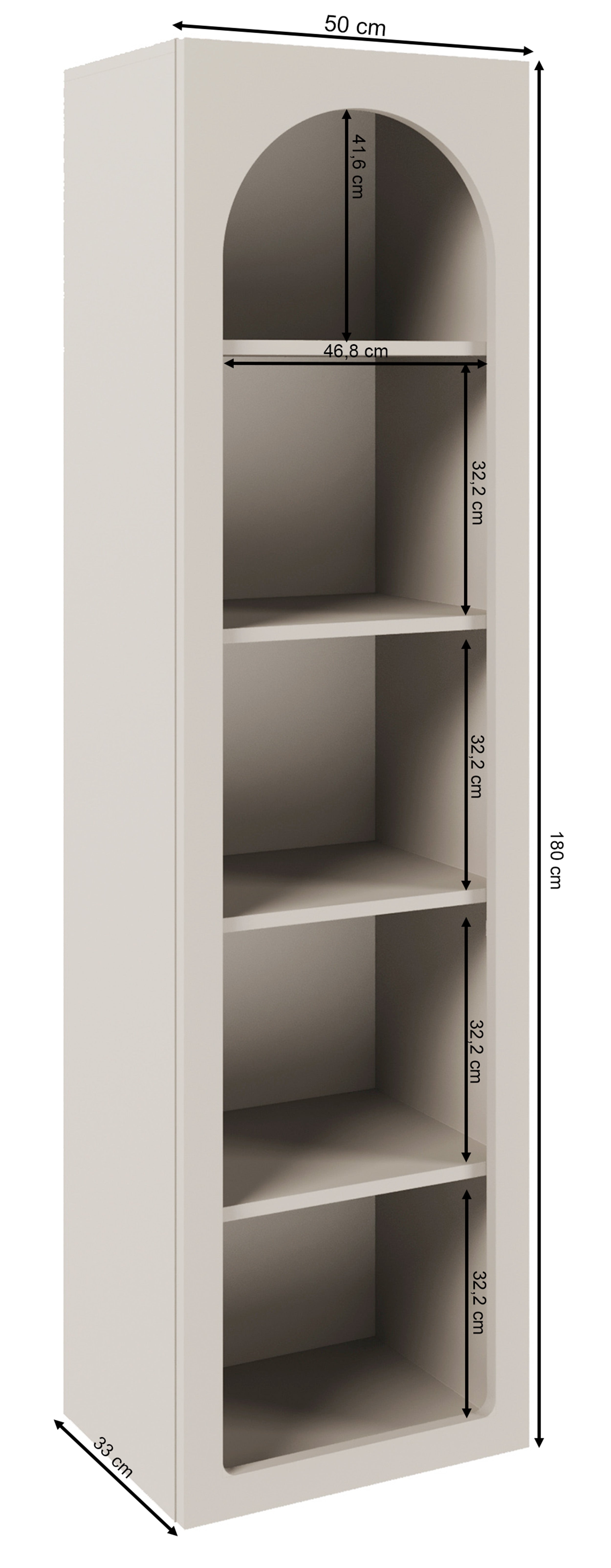 Rysunek wymiarowy - Regał otwarty Arkadia dąb dunin: szerokość 50 cm, głębokość 33 cm, wysokość 180 cm
